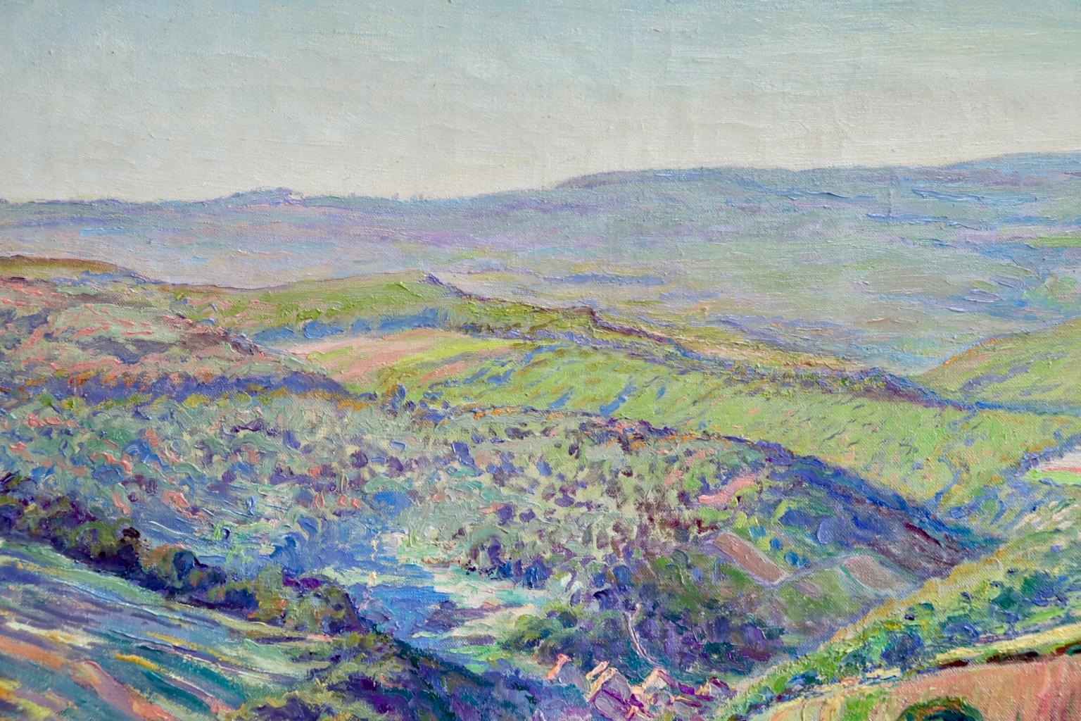 A wonderful oil on canvas by French post impressionist painter Gustave Cariot depicting a beautiful view of The Rhine Valley. Rhine Valley, on the list of World Heritage sites. There are many castles along the boundary, the river has also inspired