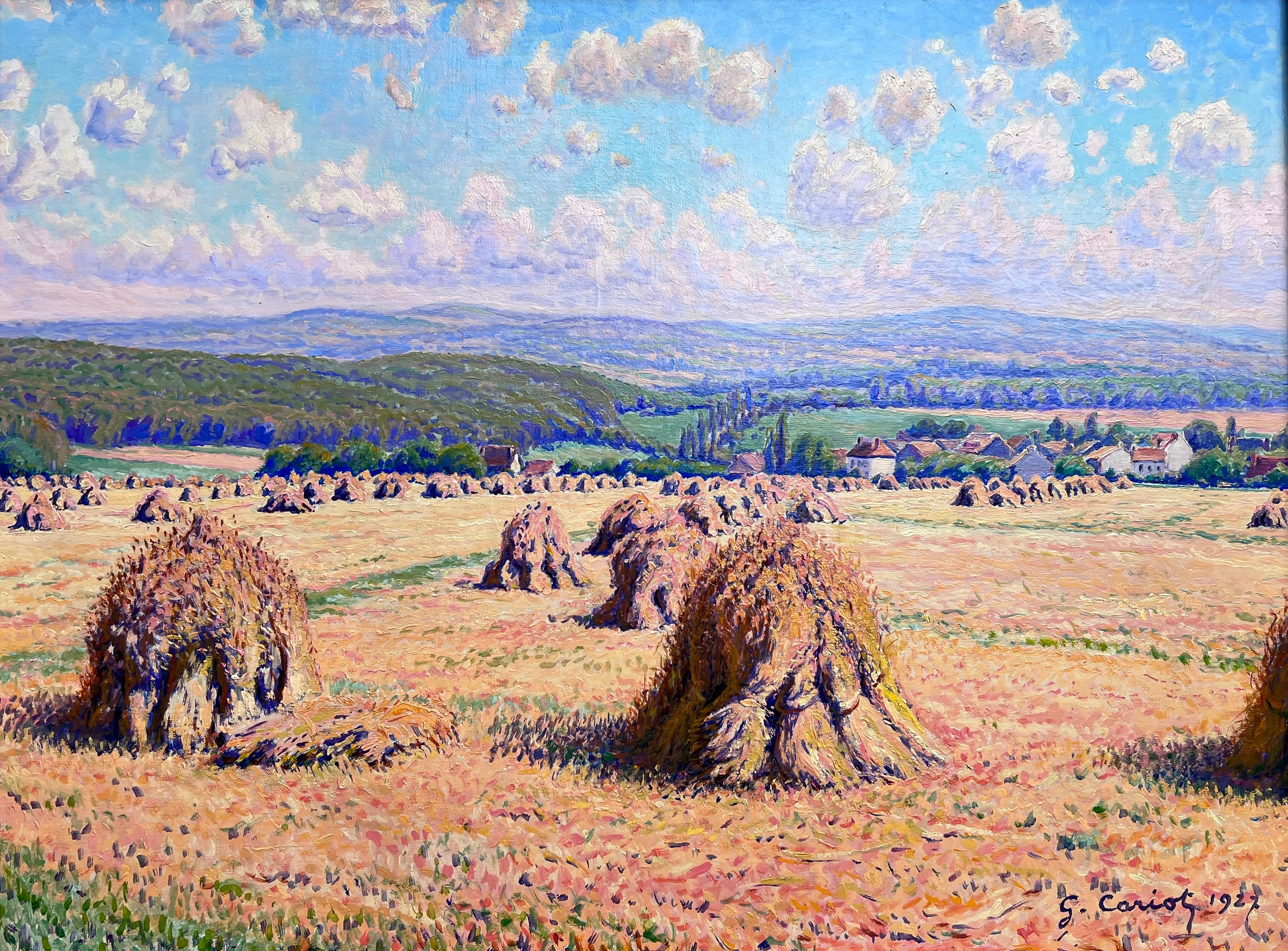 Landscape Painting di Gustave Cariot - Meules dans un Paysage Vallonné