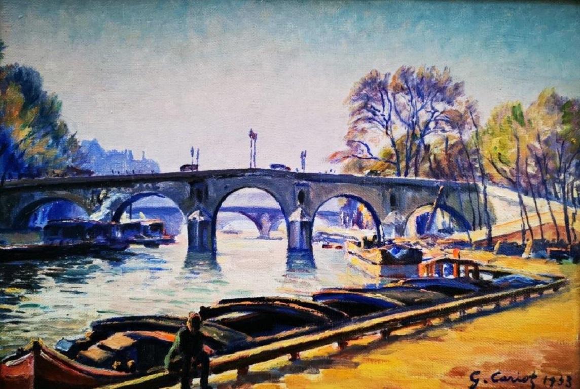 "View on the Bridge 1933”, R. Seine landscape, post-impressionist, oil on board