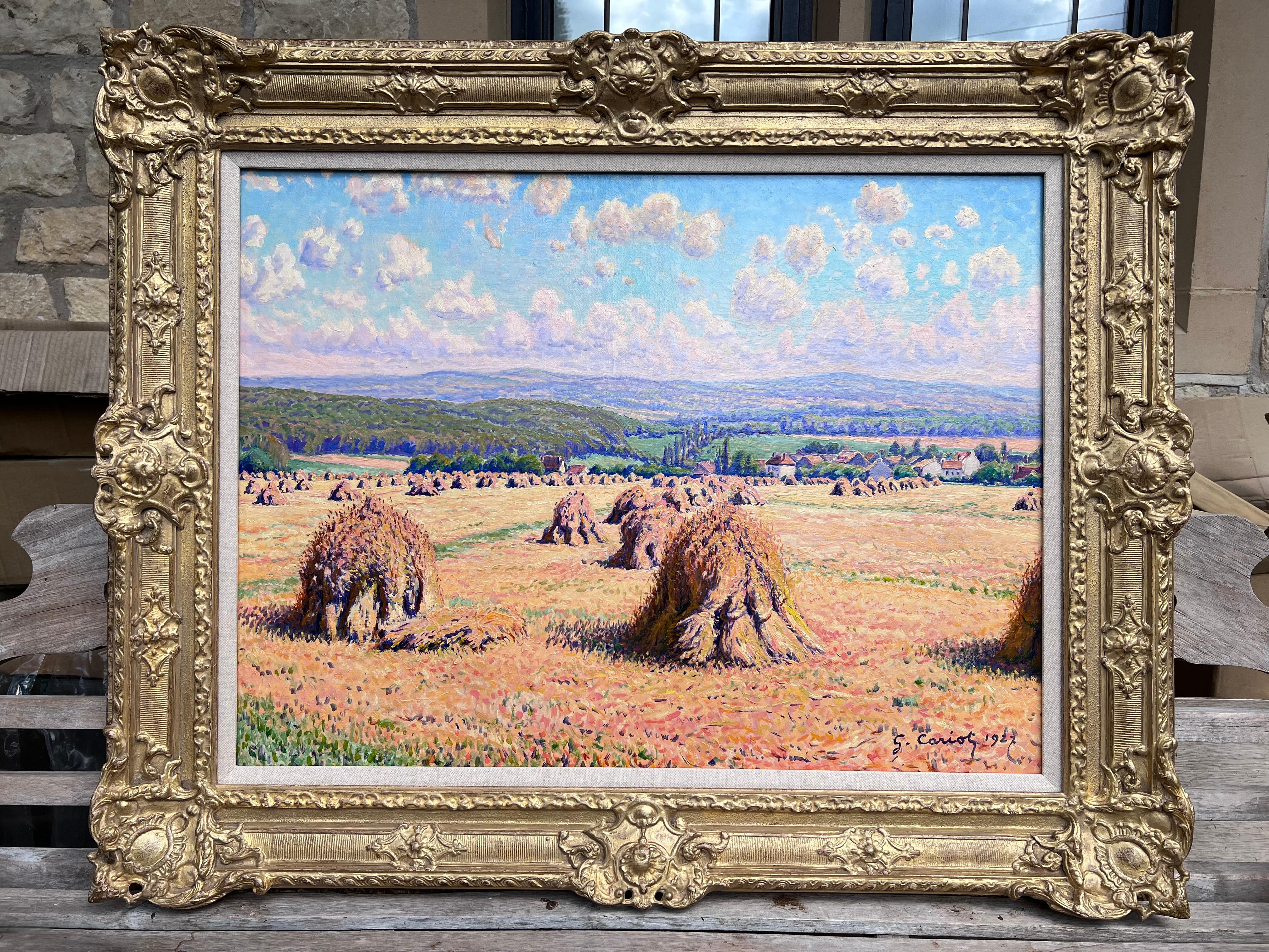 Meules dans un Paysage Vallonné - Painting by Gustave Cariot 