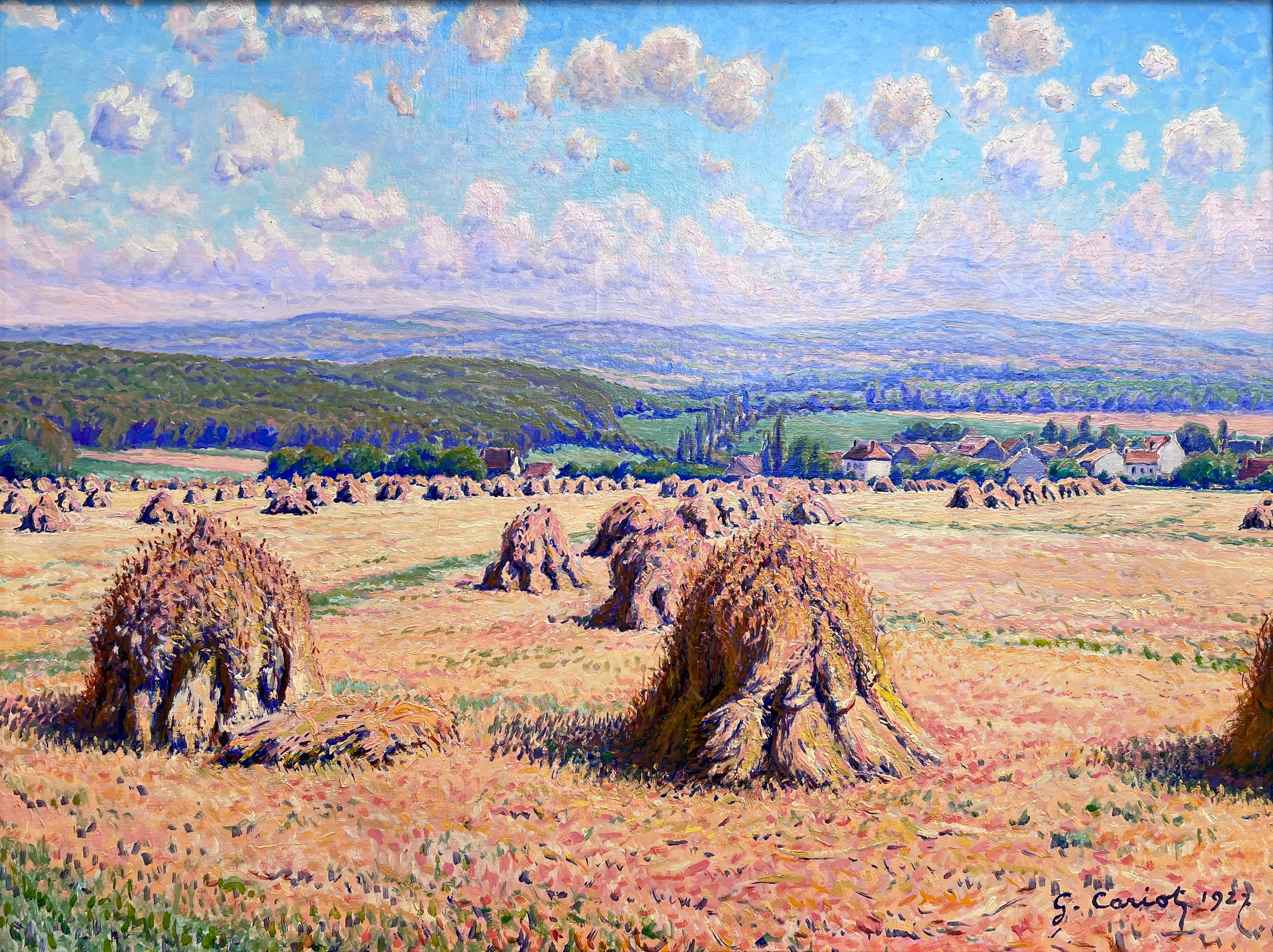 Gustave Cariot  Landscape Painting – Meules dans un Paysage Vallonné