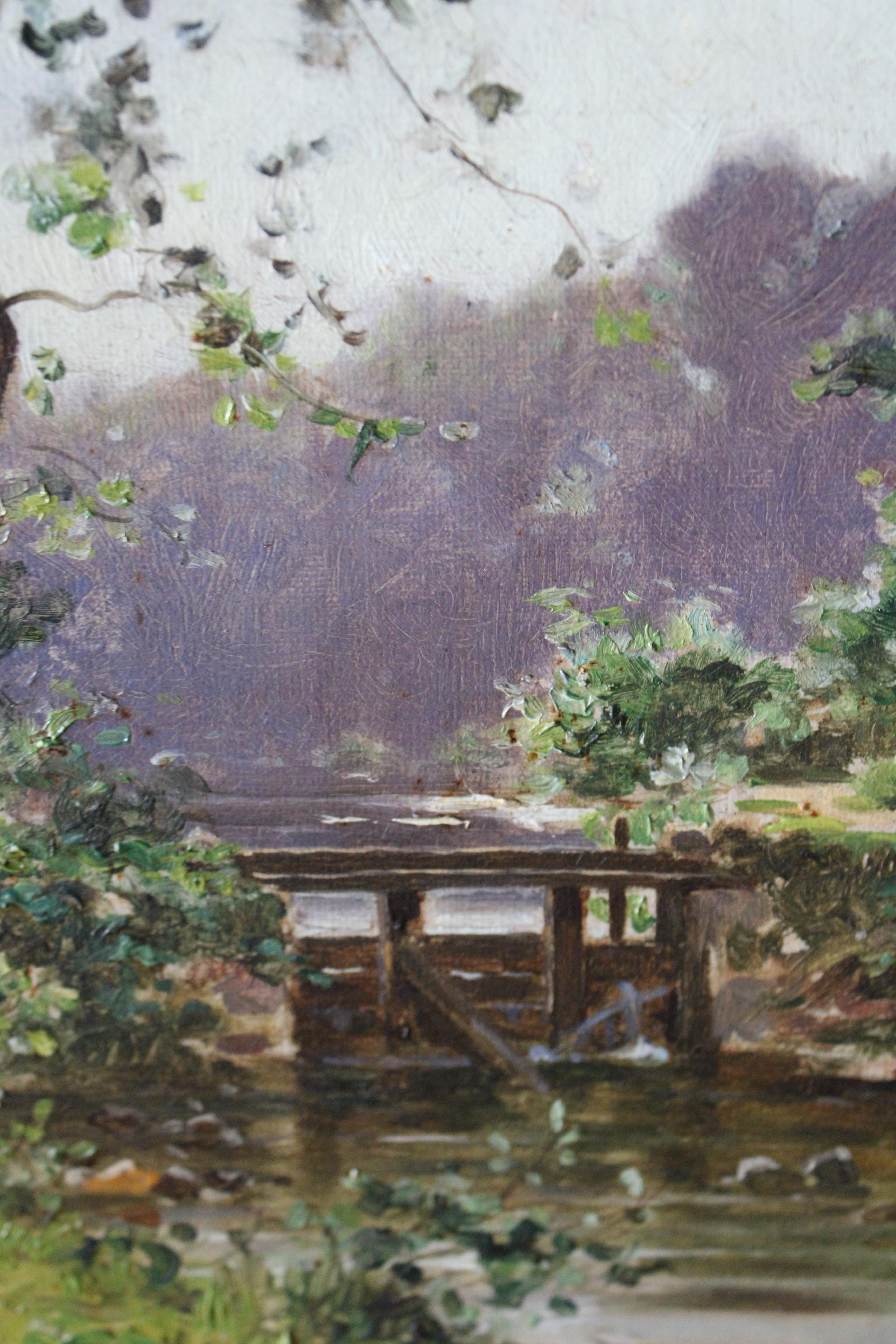 ntikes Landschafts-Ölgemälde in seinem Originalrahmen des französischen Künstlers Gustave Césaire Garaud (1844-1914) 
Ein attraktives Ölgemälde der Barbizon-Schule auf Keilrahmen.  Eine Flussszene mit einem bewaldeten Vordergrund mit vielen