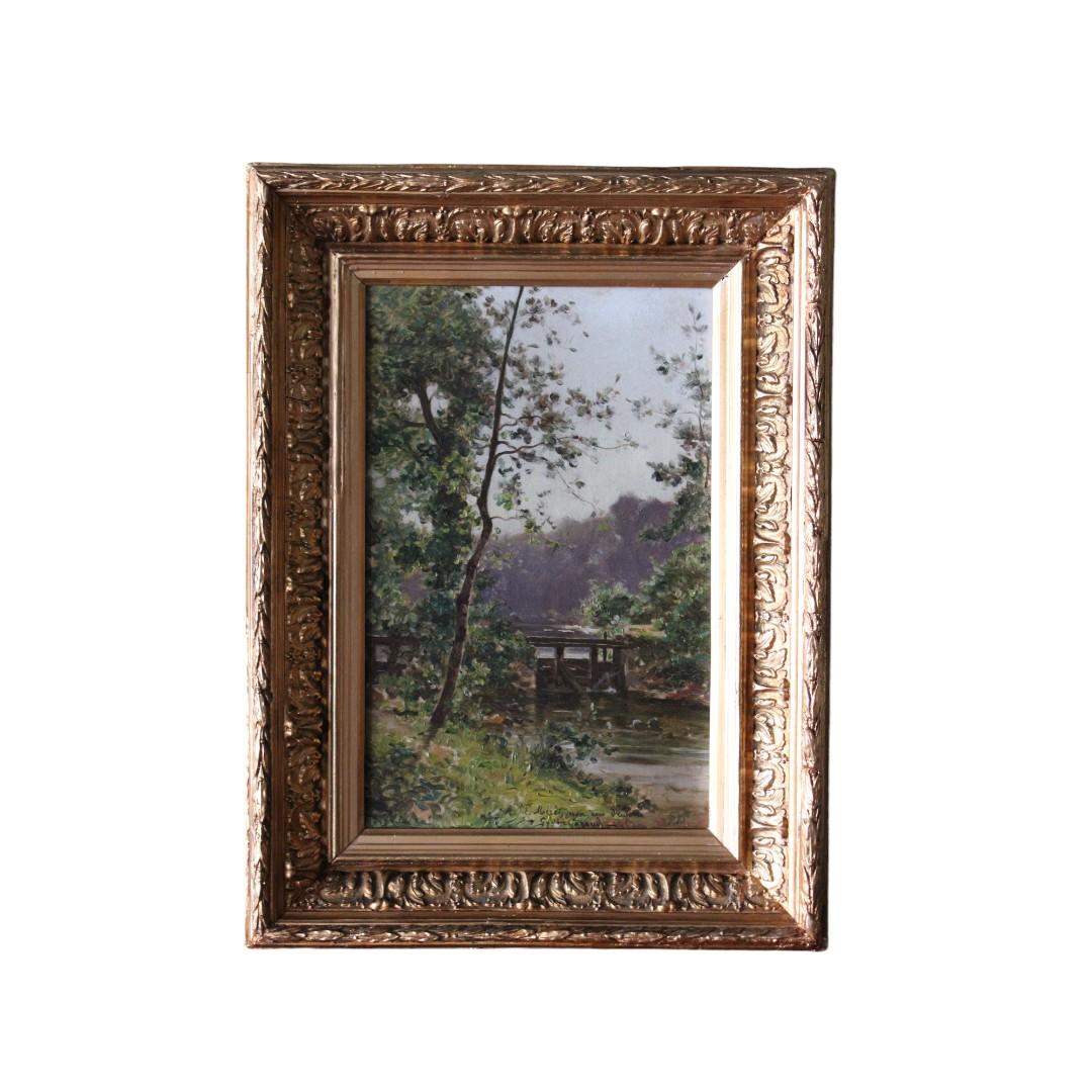 Antique French Landscape oil painting on canvas, French Barbizon, Gustave Garaud