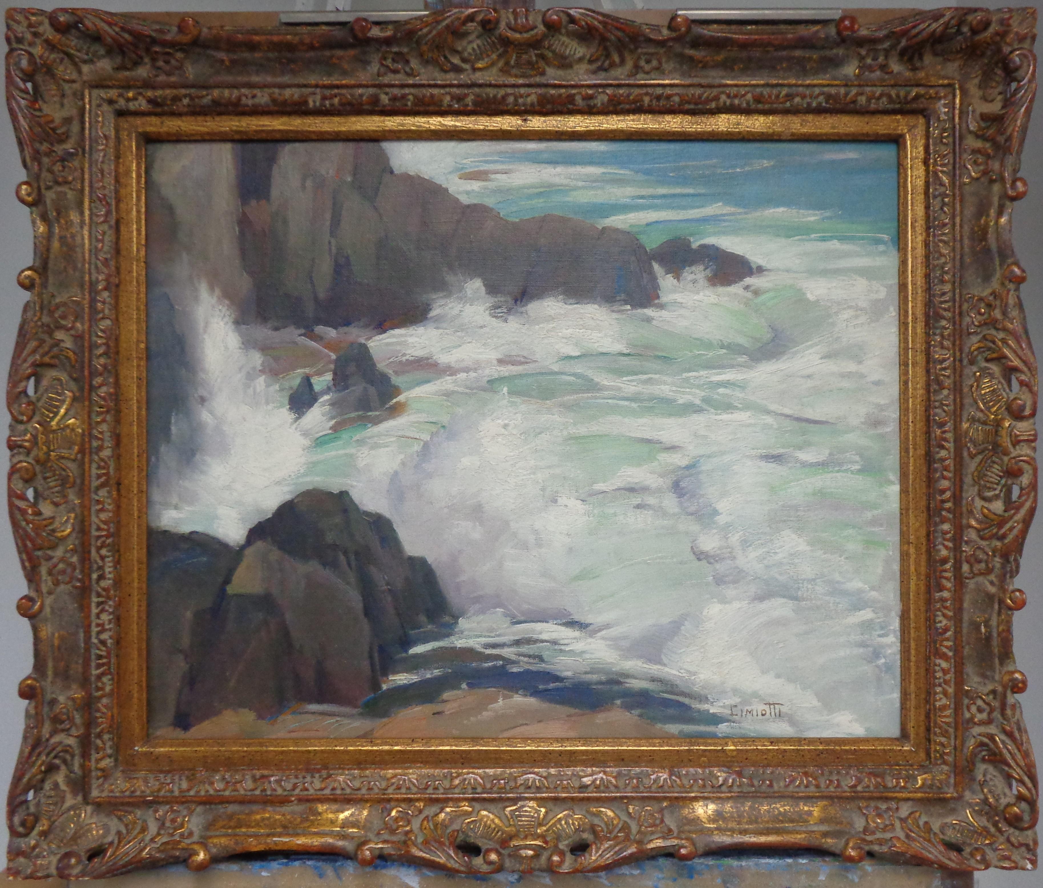 Landscape Painting de Gustave Cimiotti Jr. - Óleo impresionista americano Gustave Cimioti 1875-1969 Marine Monhegan