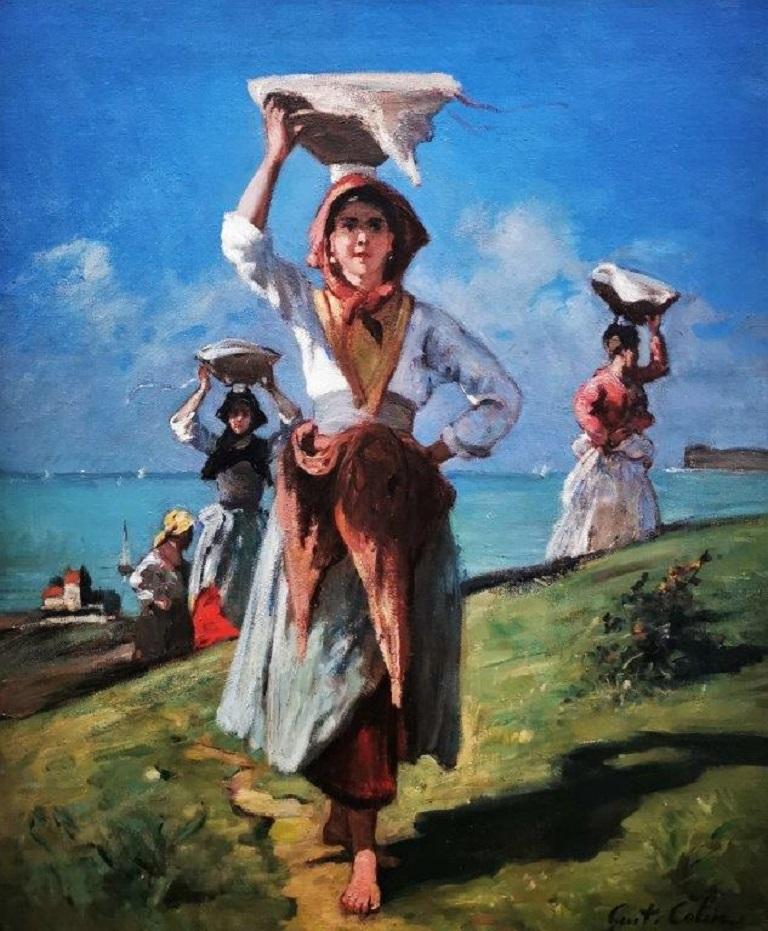 Gustave Colin Landscape Painting - "Bringing Home the Catch”, French peasant girls, coastal landscape,oil on canvas