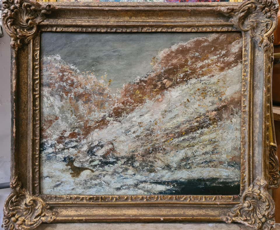 'Paysage de Neige Dans le Jura, Avec Chevreuil'. Mid 19th Century Oil on Canvas.