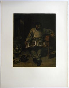 (after) Gustave Courbet lithograph -Marc Trapadoux examinant un livre d'estampes