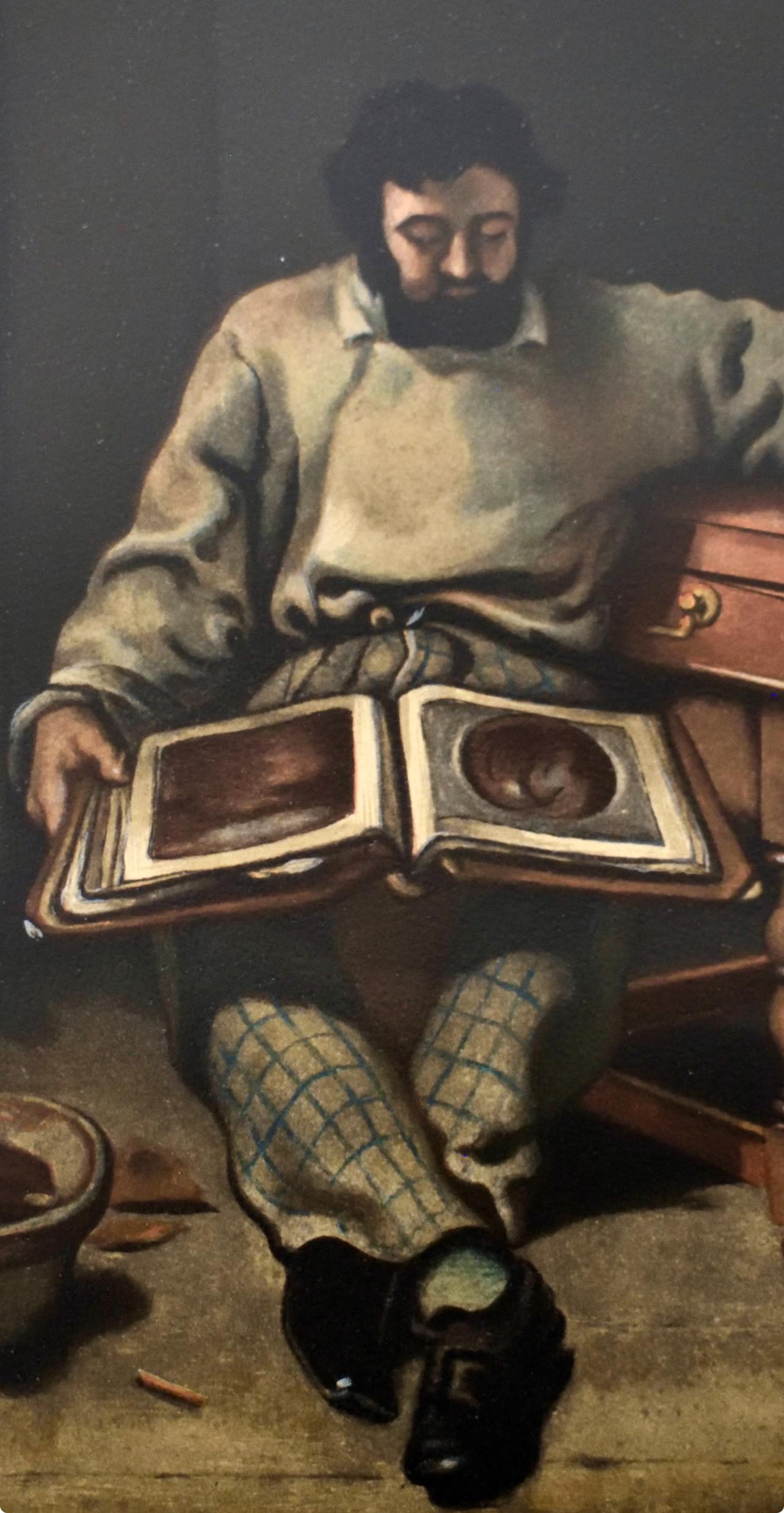 Courbet, Marc Trapadoux, Untersuchung eines livre d'estampes (nach) – Print von Gustave Courbet