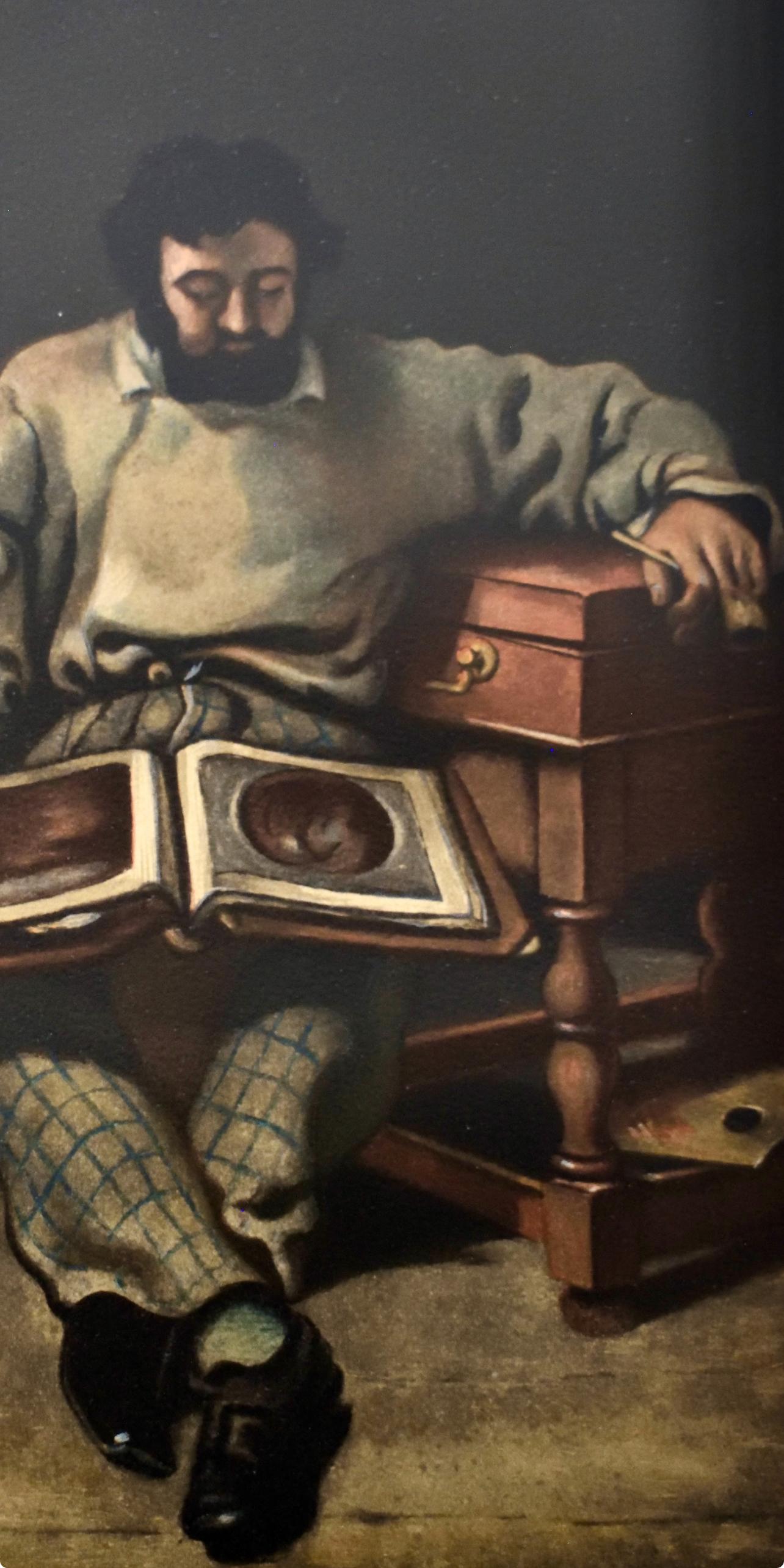 Courbet, Marc Trapadoux examinant un livre d'estampes (après) - École française Print par Gustave Courbet
