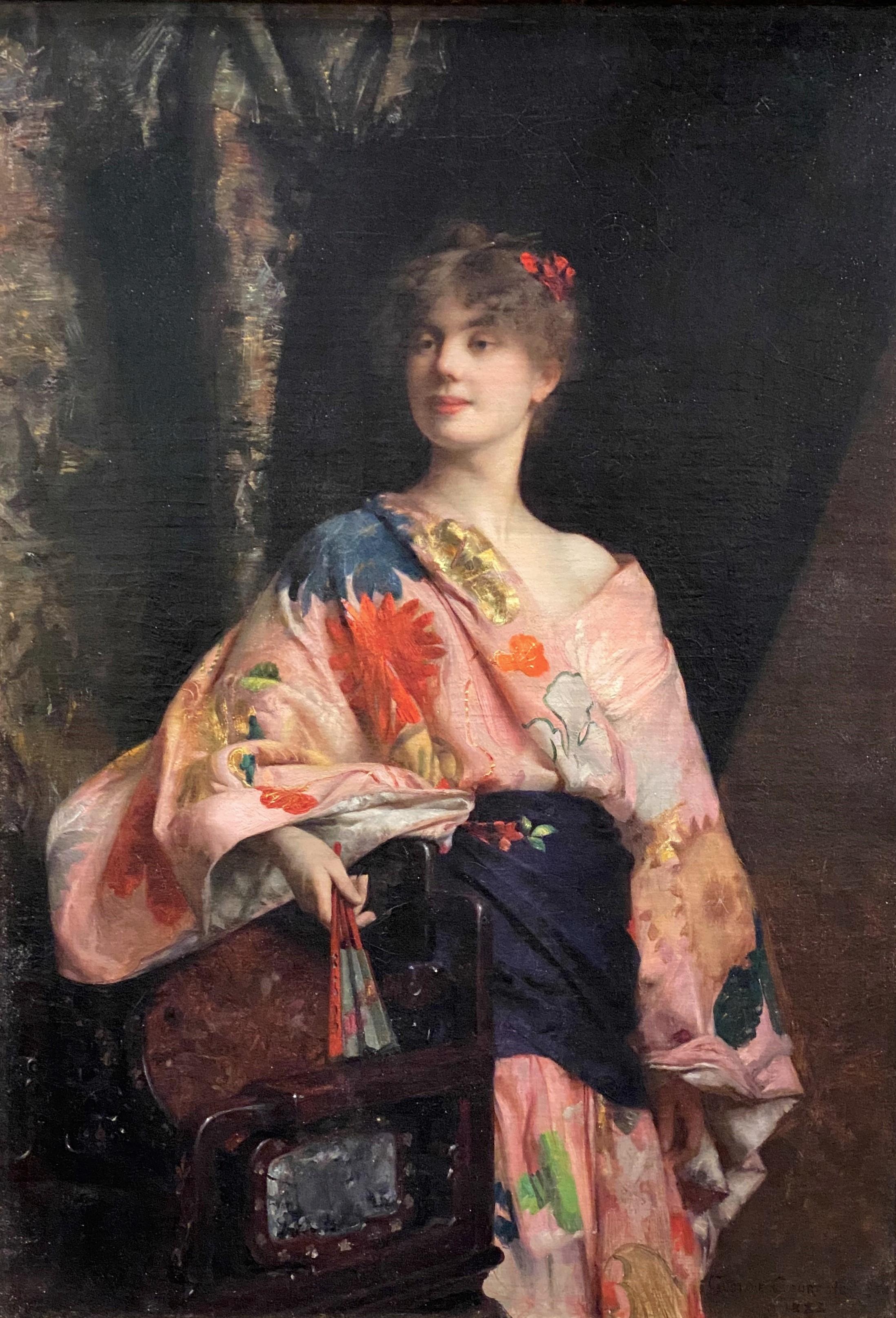 Girl in a Pink Kimono - Painting by Gustave Courtois