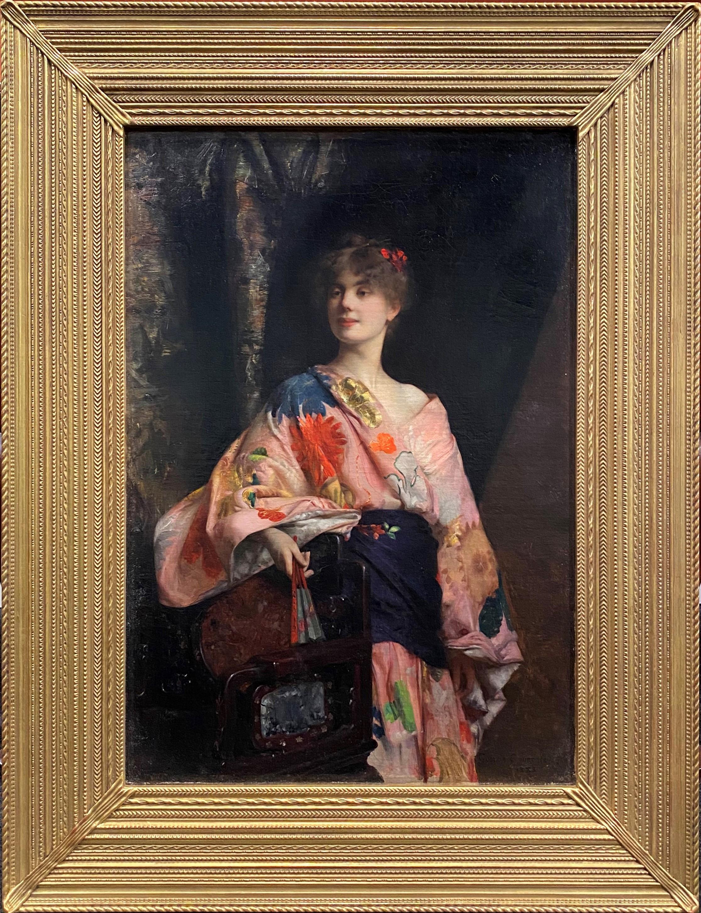 Gustave Courtois Portrait Painting - Girl in a Pink Kimono