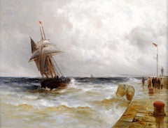 Shipping off a Harbour - Antique 19th Century British Seascape Oil Painting