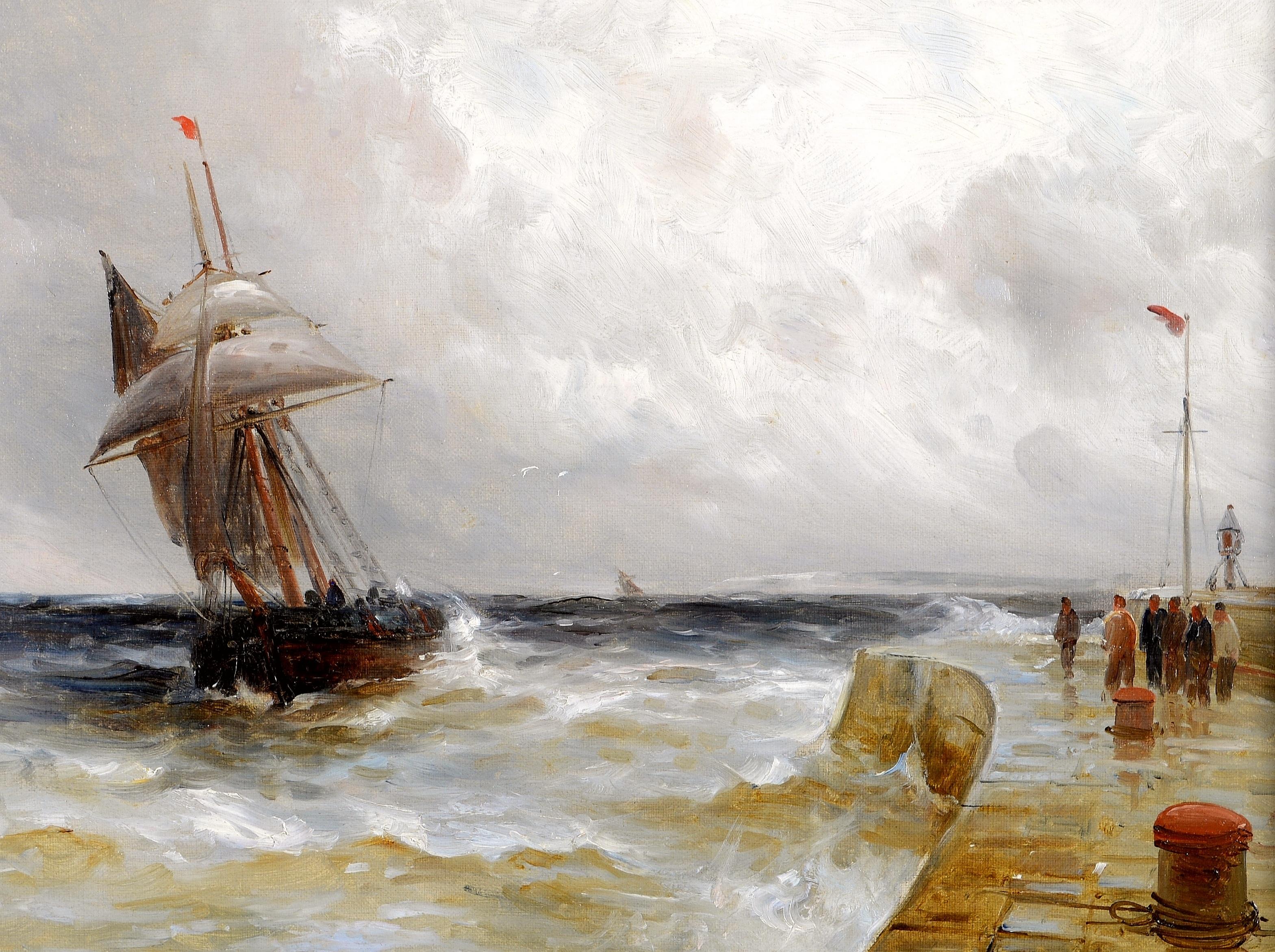 Schifffahrt vor einem Hafen - Antike britische Seelandschaft des 19. Jahrhunderts Ölgemälde (Braun), Landscape Painting, von Gustave de Breanski