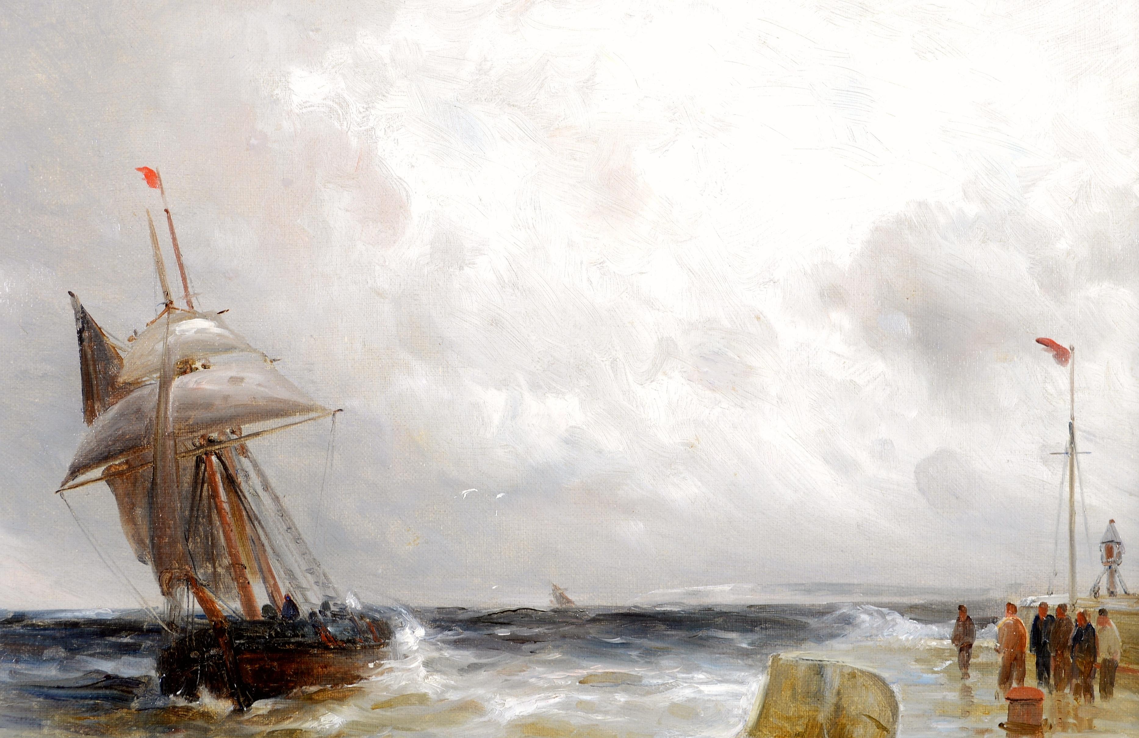 Ein schönes Ölgemälde aus dem späten 19. Jahrhundert von Gustave de Breanski, das ein Segelschiff vor einem Hafen zeigt. Das Werk ist unten rechts signiert und datiert 1891. 

Präsentiert in sehr gutem Zustand in einem prächtigen vergoldeten