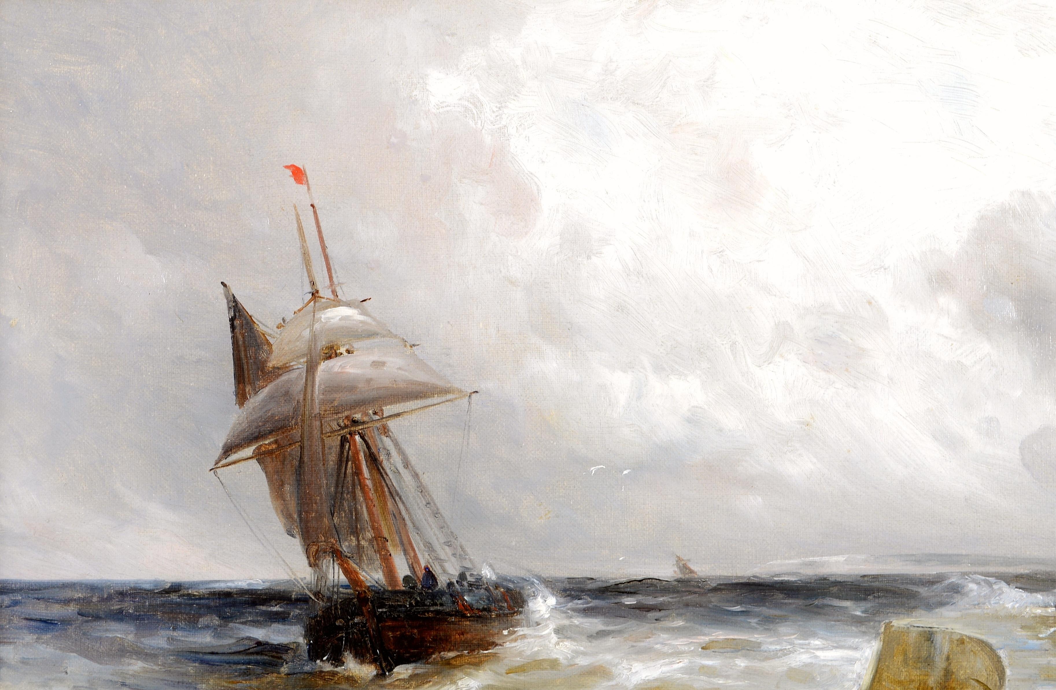 Schifffahrt vor einem Hafen - Antike britische Seelandschaft des 19. Jahrhunderts Ölgemälde im Angebot 1