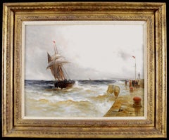 Shipping off a Harbour - Antique 19th Century British Seascape Oil Painting