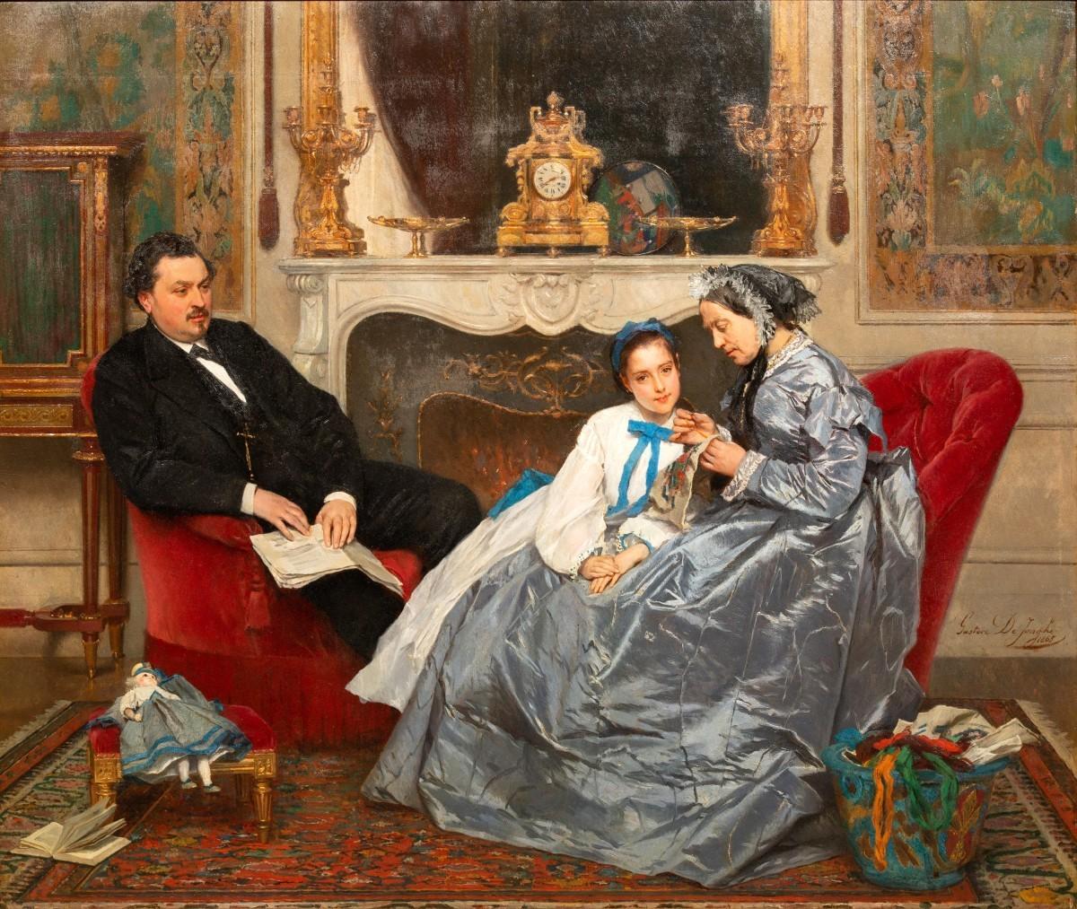 "The Embroidery Lesson" is a masterful representation of Gustave De Jonghe’s ability to capture the elegance and intimacy of domestic life. Through his sophisticated use of color, meticulous brushwork, and keen attention to detail, De Jonghe creates