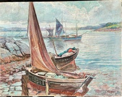 Early 20th century Harbor with fishing boats at dock with landscape