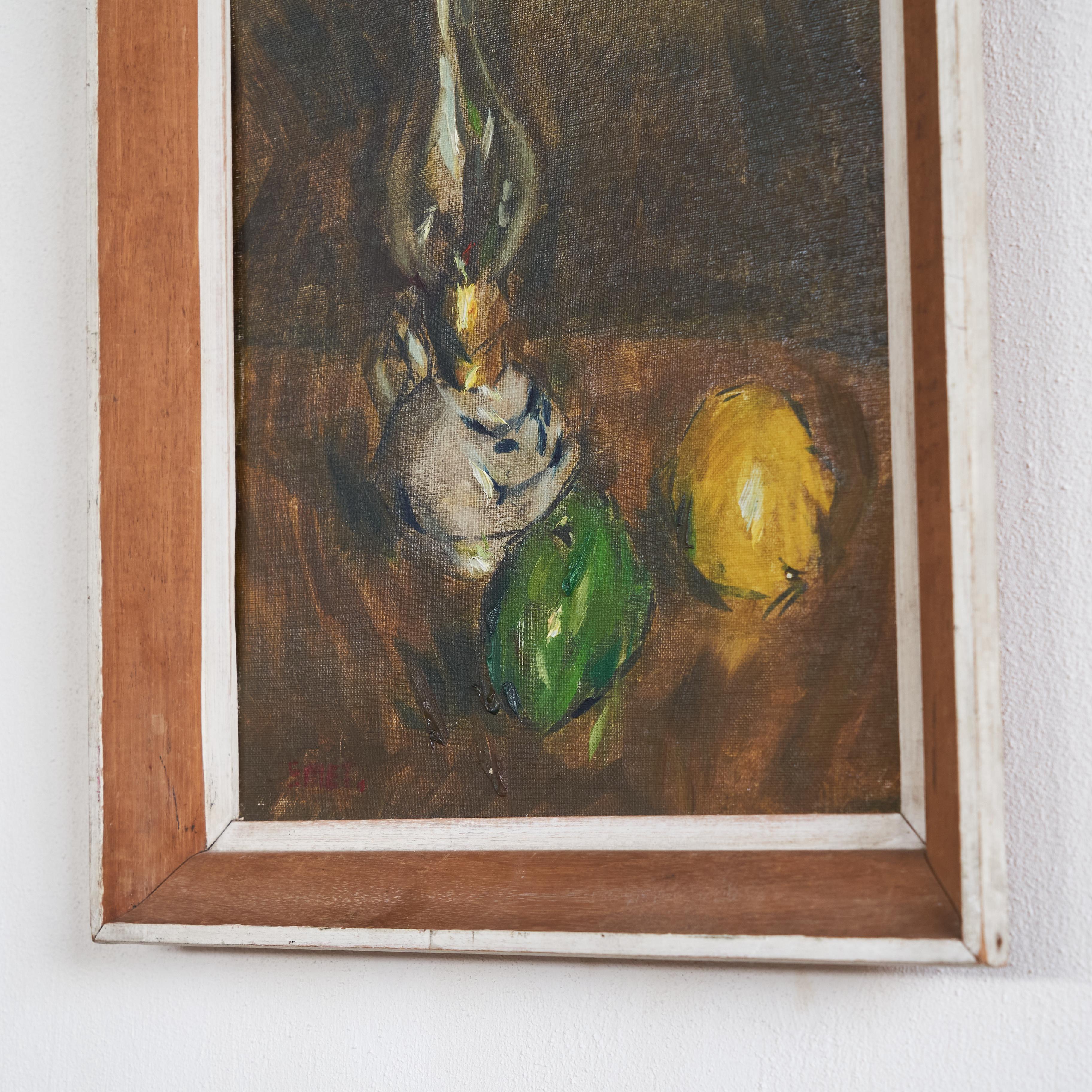 Art Deco Gustave de Smet 'Still Life with Oil Lamp and Fruit' Oil on Board 1930s For Sale