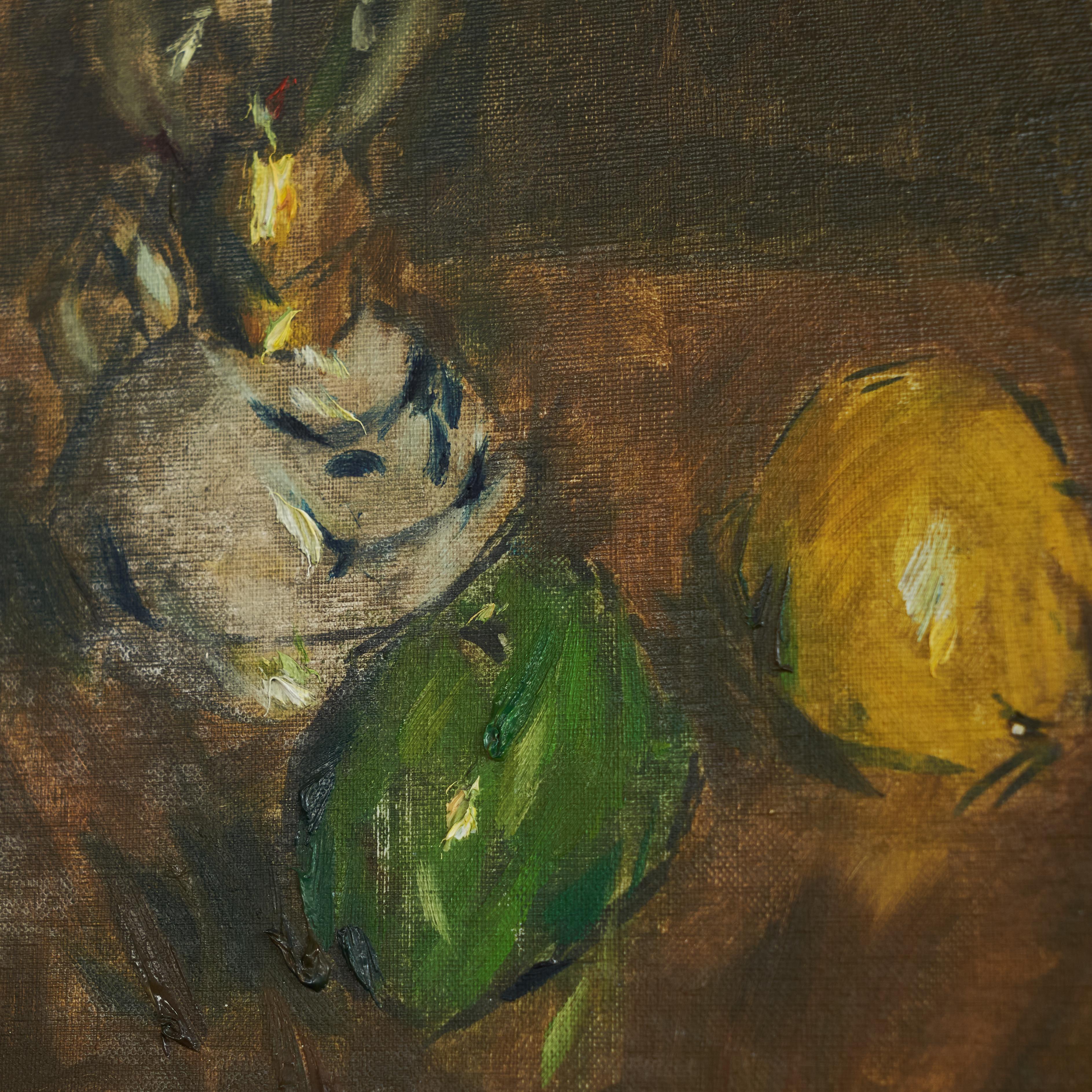 Gustave de Smet „Stillleben mit Öllampe und Obst“, Öl auf Karton, Gustave de Smet, 1930er Jahre im Zustand „Gut“ im Angebot in Tilburg, NL