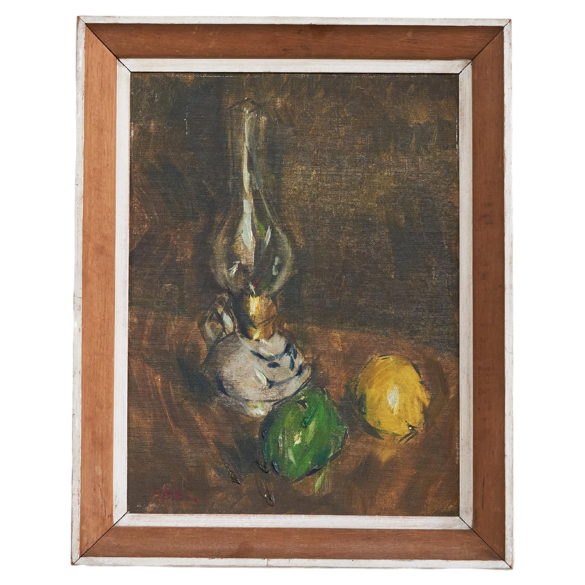 Gustave De Smet 'Nature morte à la lampe à huile et aux fruits' Huile sur carton années 1930