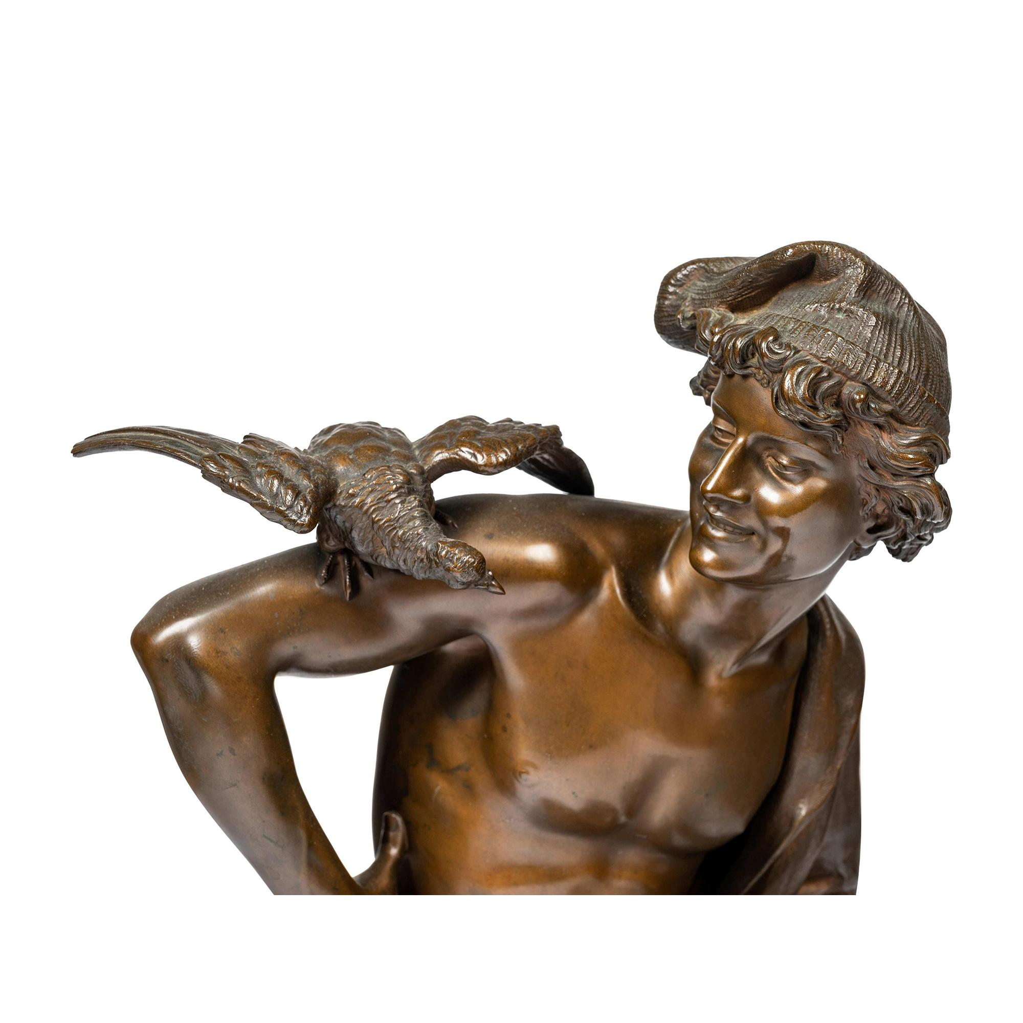 CHARLES BRUNIN  
Belgian, (1841-1887)

Le Pecheur Napolitain a L’oiseau Bronze

Patinated bronze; Signed ‘Ch. Brunin Roma’ and with Tiffany and Co. foundry mark located on the base
23 inches high