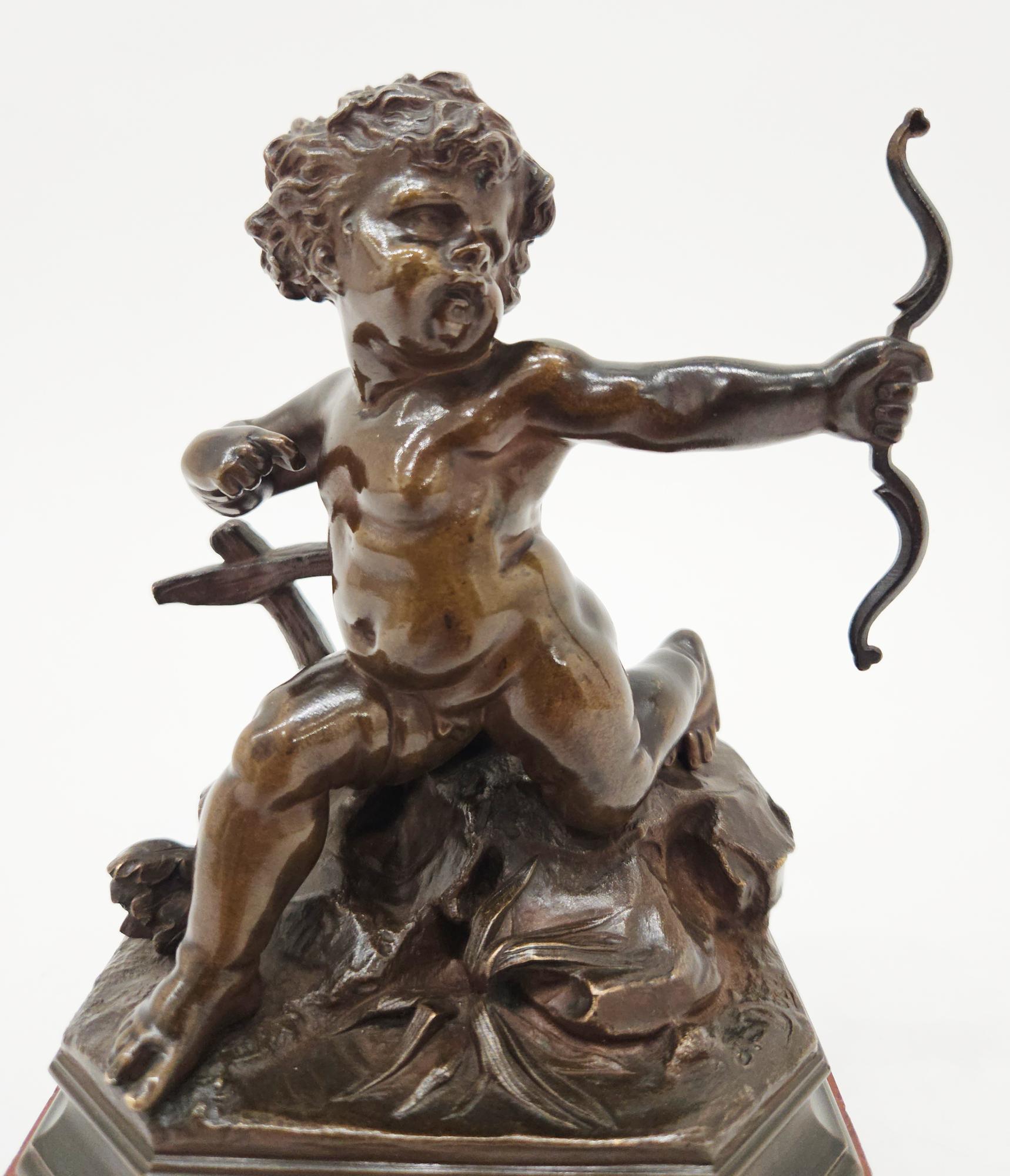 A superb quality bronze sculpture of Cupid with his bow by the renowned French artist Gustave Doré, made in Paris, France, c. 1876.

Entitled ‘Amour lançant une flèche’ in French, the patinated bronze sculpture depicts Cupid as a cherub or putto