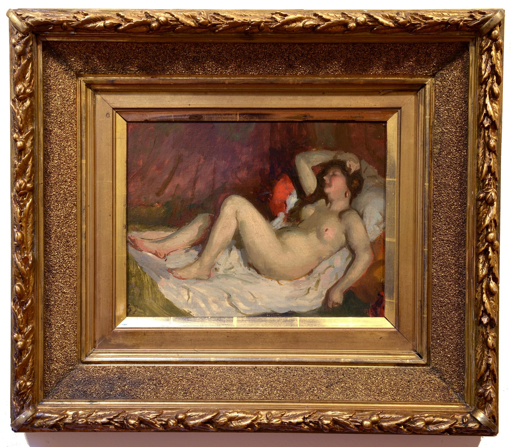 Reclining Nude, Impressionist, Early 20th Century, Figure, Interior - Painting by Gustave Durand