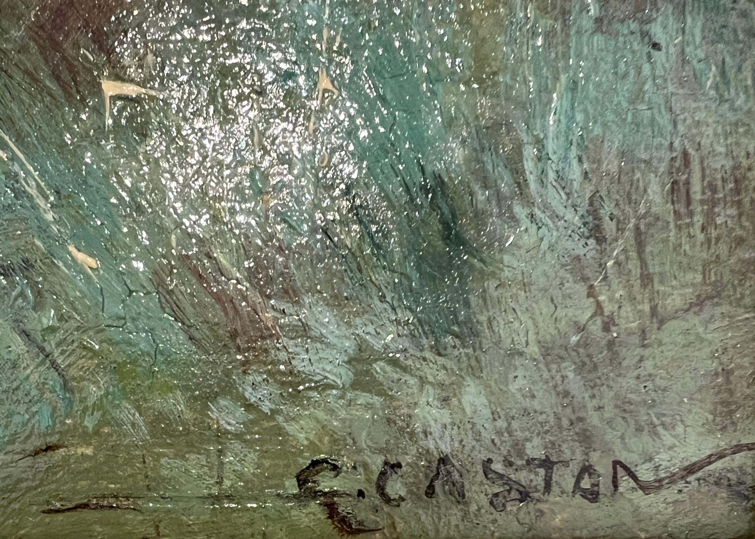 Characters at the edge of the pond - Beige Landscape Painting by Gustave Eugène Castan