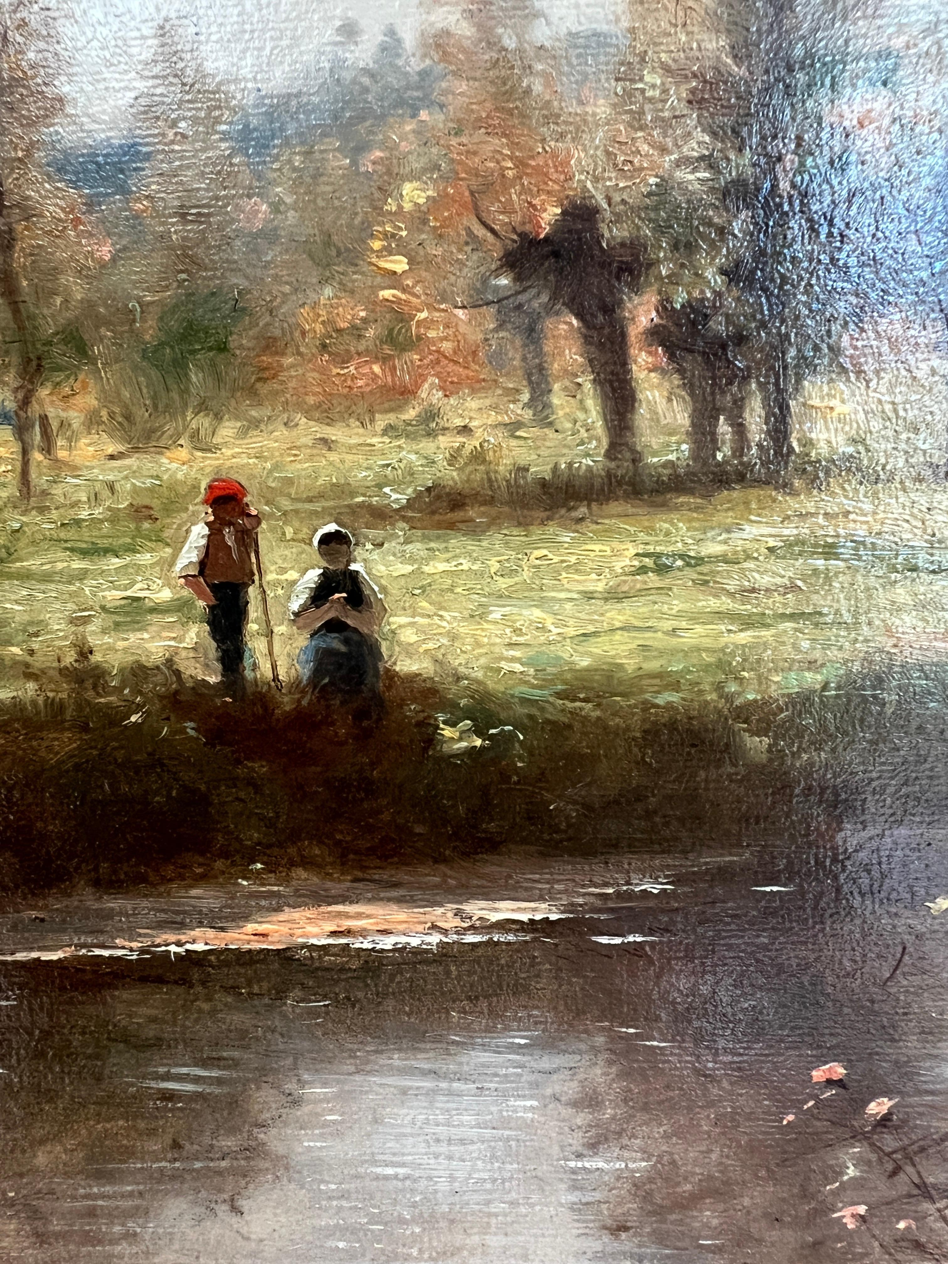 Work on wood - 
Molded frame in plaster and gilded wood
Dimensions with frame 56.5 x 76.5 x 5 cm
This oil on wood by Eugène Castan depicts a peaceful, bucolic scene in the countryside. The landscape stretches out under a vast sky, slightly veiled by
