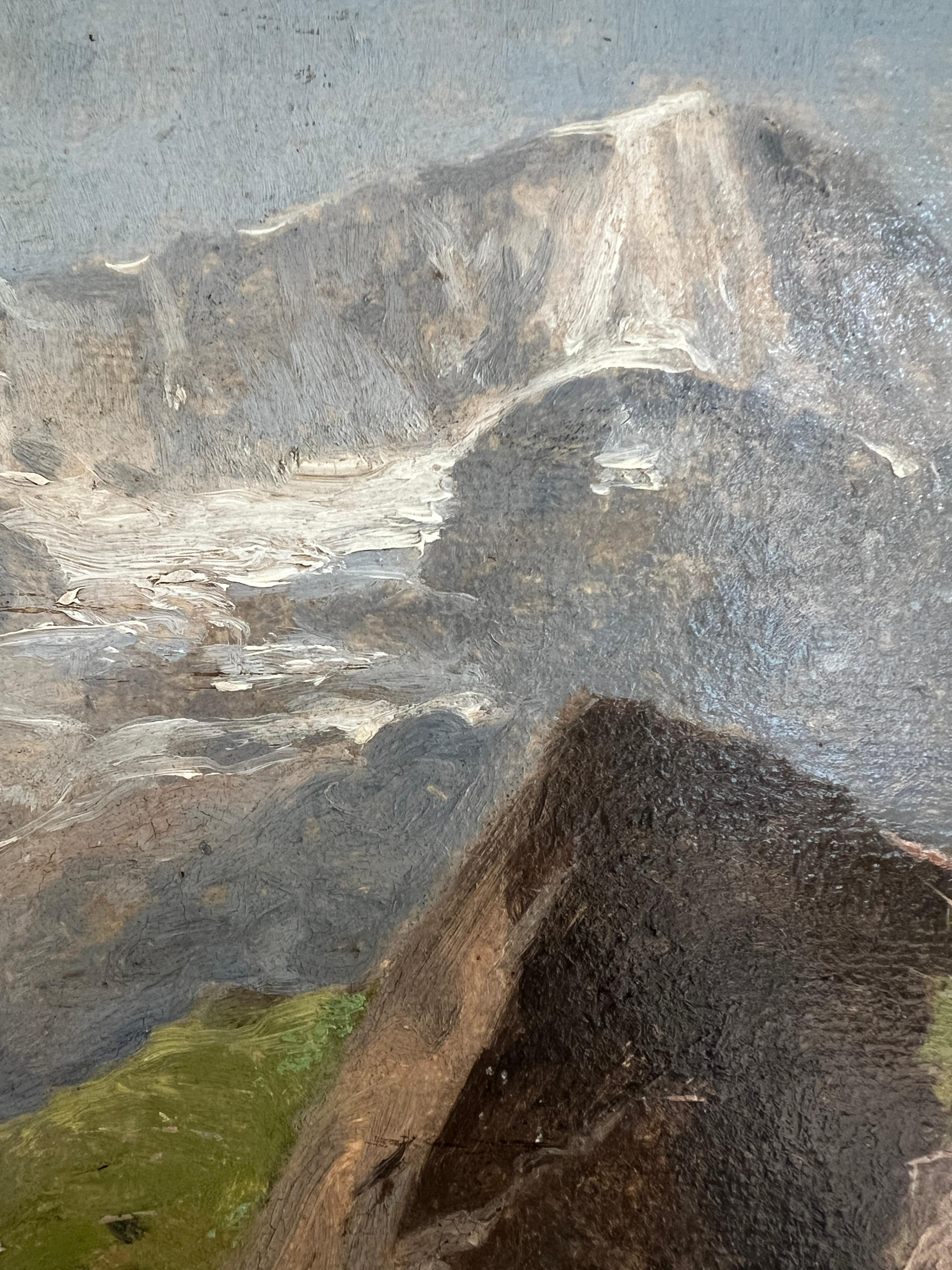 
Molded frame in plaster and gilded wood
Oil dimensions : 38x59 cm With Frame :58 x 78.5 x 5.5 cm
This oil on canvas by Eugène Castan depicts a mountain landscape at Arolla, in the Val d'Anniviers, in the Swiss canton of Valais. The work is