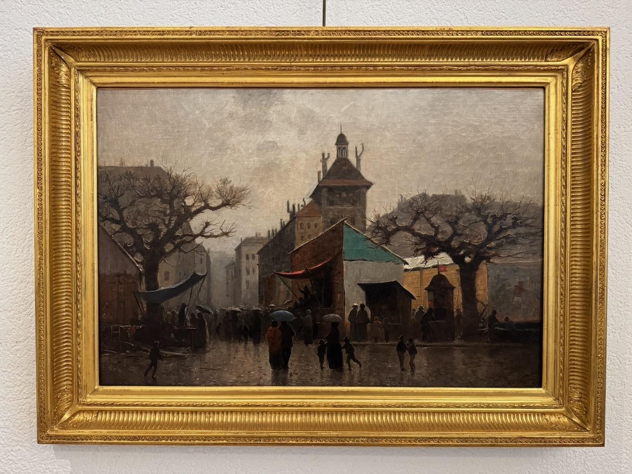 Markt auf dem Tour de l'île in Genf, um 1890 – Painting von Gustave Eugène Castan