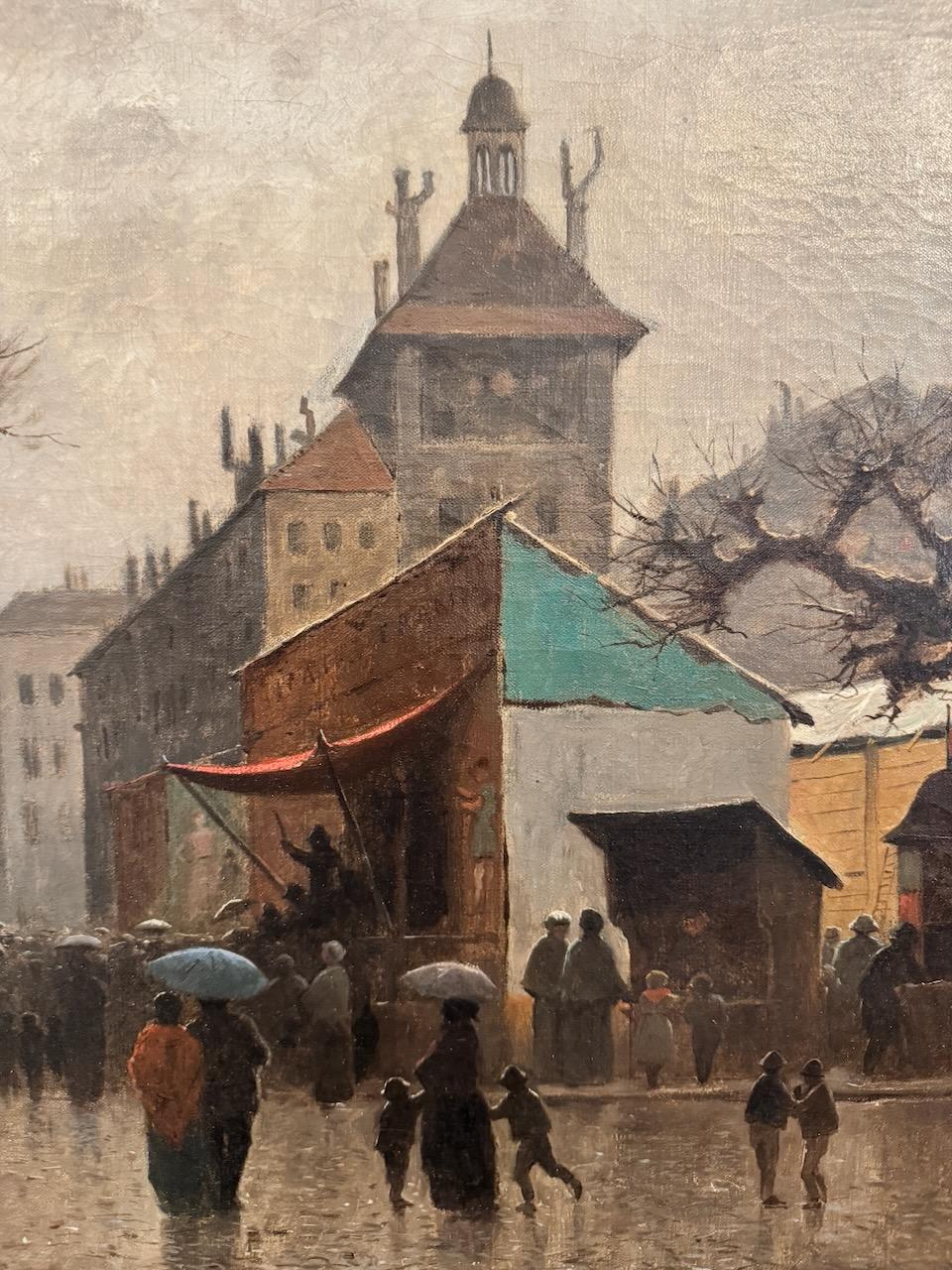 Markt auf dem Tour de l'île in Genf, um 1890 (Realismus), Painting, von Gustave Eugène Castan
