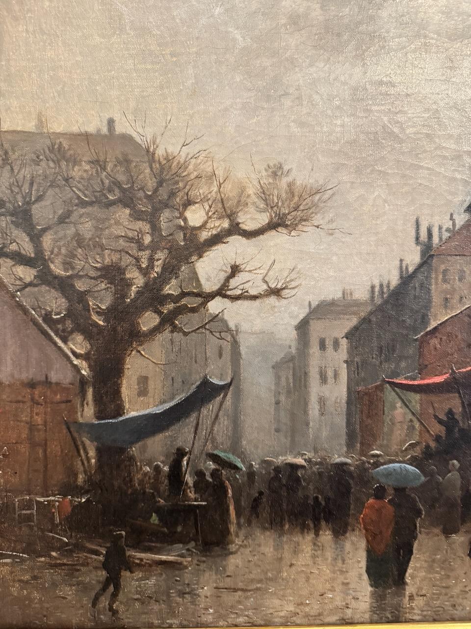 Markt auf dem Tour de l'île in Genf, um 1890 (Braun), Figurative Painting, von Gustave Eugène Castan