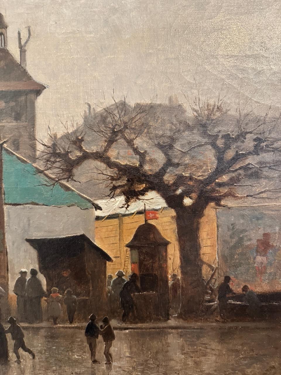 Maße Öl: 39,5 x 58,5 cm
Mit Rahmen : 52,5 x 71 cm

Dieses Gemälde von Gustave Castan, das einen Markt auf der Place de l'Île in Genf um 1890 darstellt, zeigt eine städtische Szene mitten im Winter, wahrscheinlich an einem regnerischen Tag.
Die