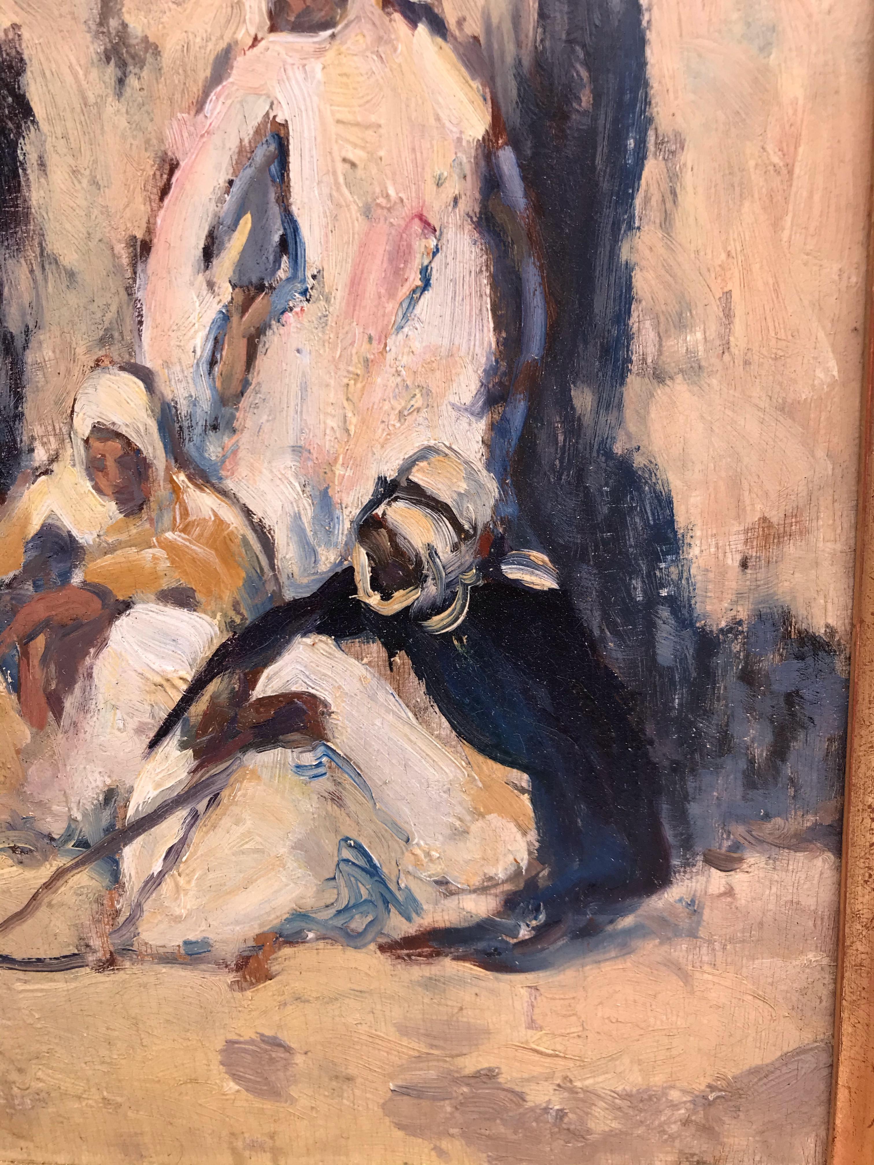 Gustave Flasschoen (1868-1940)
Accanto alla Bougainvillea 
Pittura orientalista del XIX secolo
Olio su pannello di legno firmato in basso a sinistra
Incorniciato da Gault (Paris - St Honoré)
Dimensioni del legno: 40 X 30 cm
Dimensioni del telaio: 59