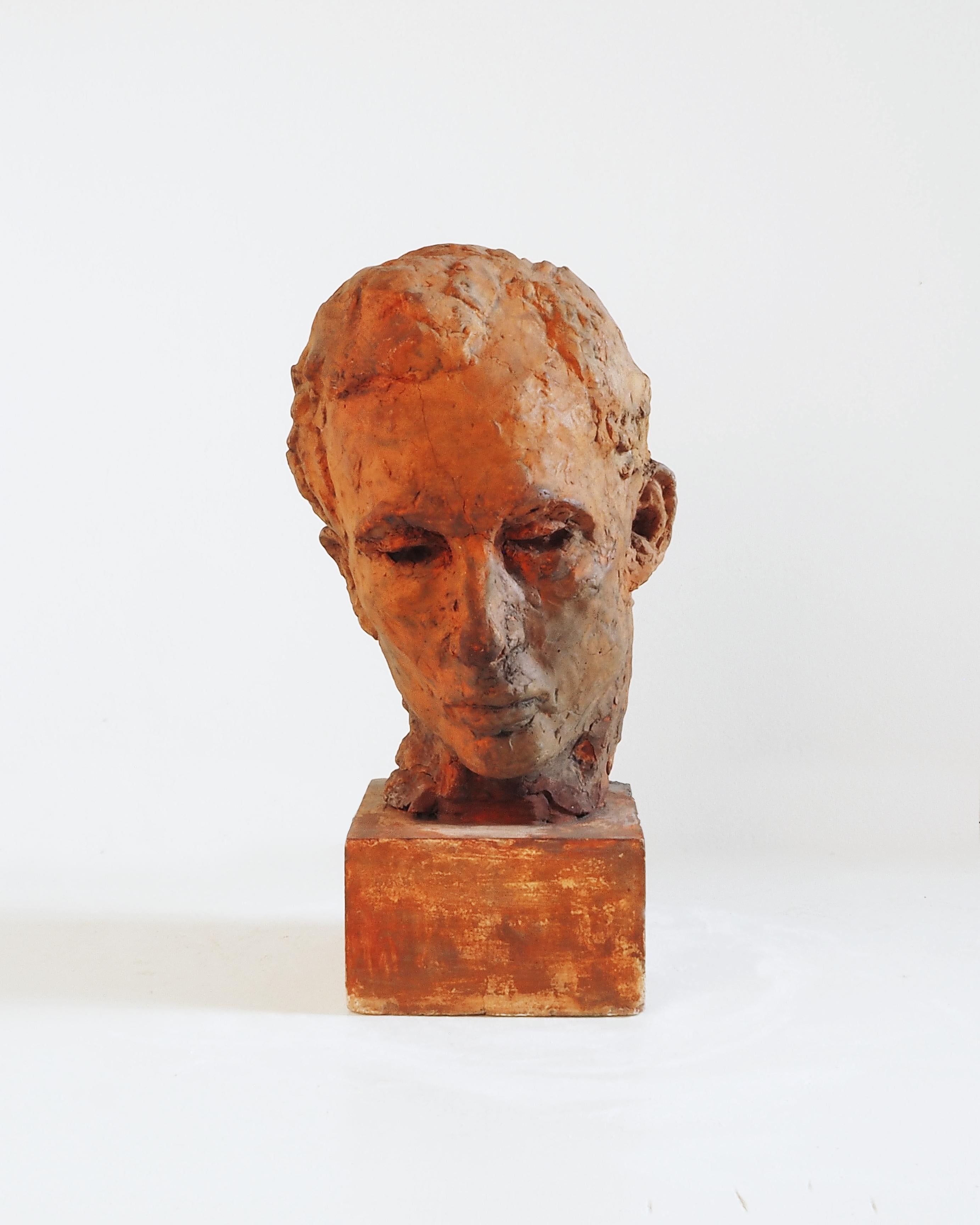 Testa uomo con base - gesso policromo - Gustave Fontaine 1877-1952 in vendita 1