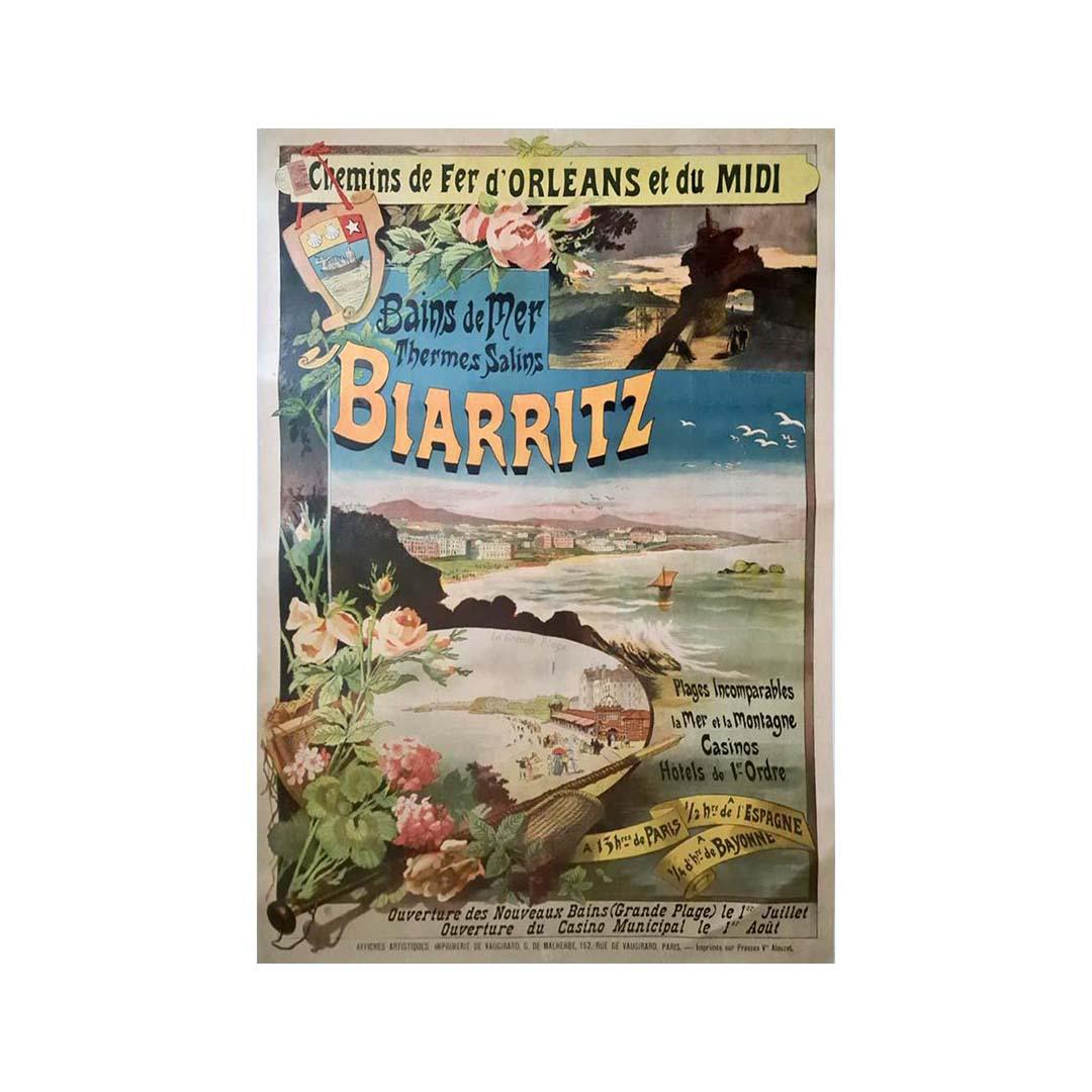 Gustave Fraipont's original poster for the Chemin de Fer d'Orléans et du Midi to Biarritz, featuring the Bains de Mer, Thermes Salins, is an artistic creation that embodies the elegance of travel and the charms of a popular seaside