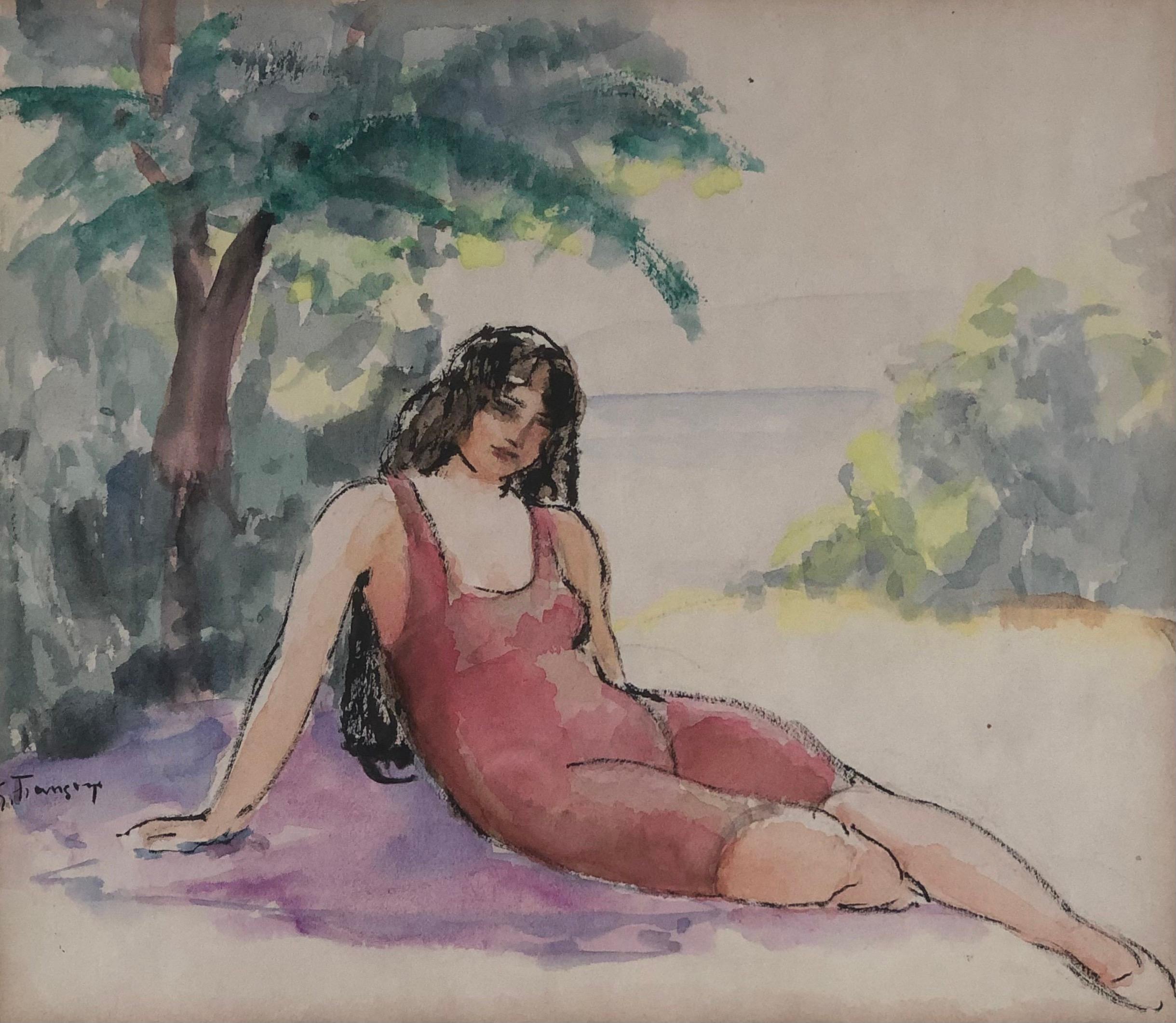 Landscape Painting di Gustave Francois (Barraud) - Giovane donna sulla sabbia