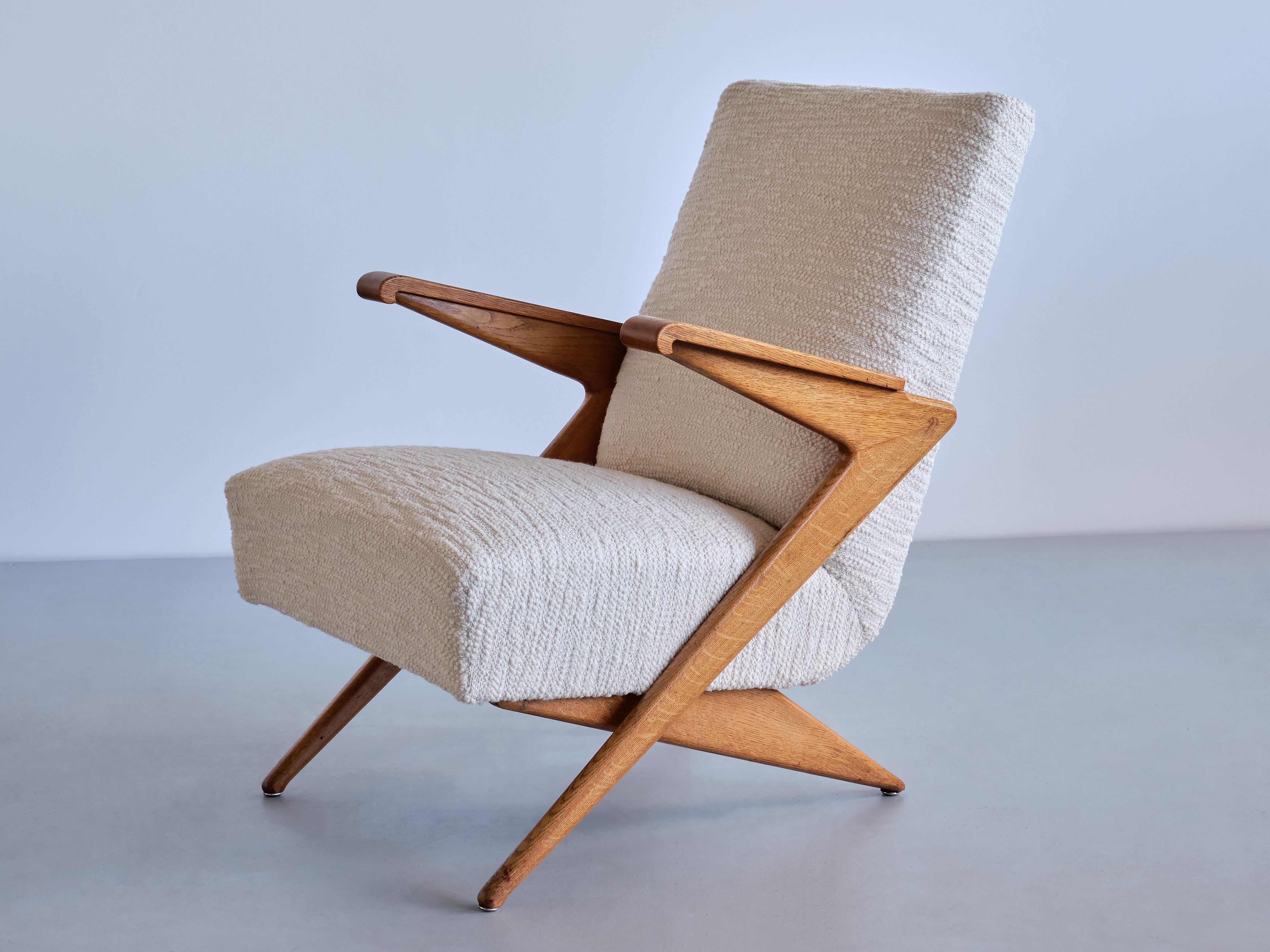 Gustave Gautier Attributed Armchair in Oak and Jacquard Fabric, France, 1950s For Sale 9