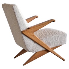 Fauteuil Gustave Gautier Attribué en Oak et tissu Jacquard, France, années 1950