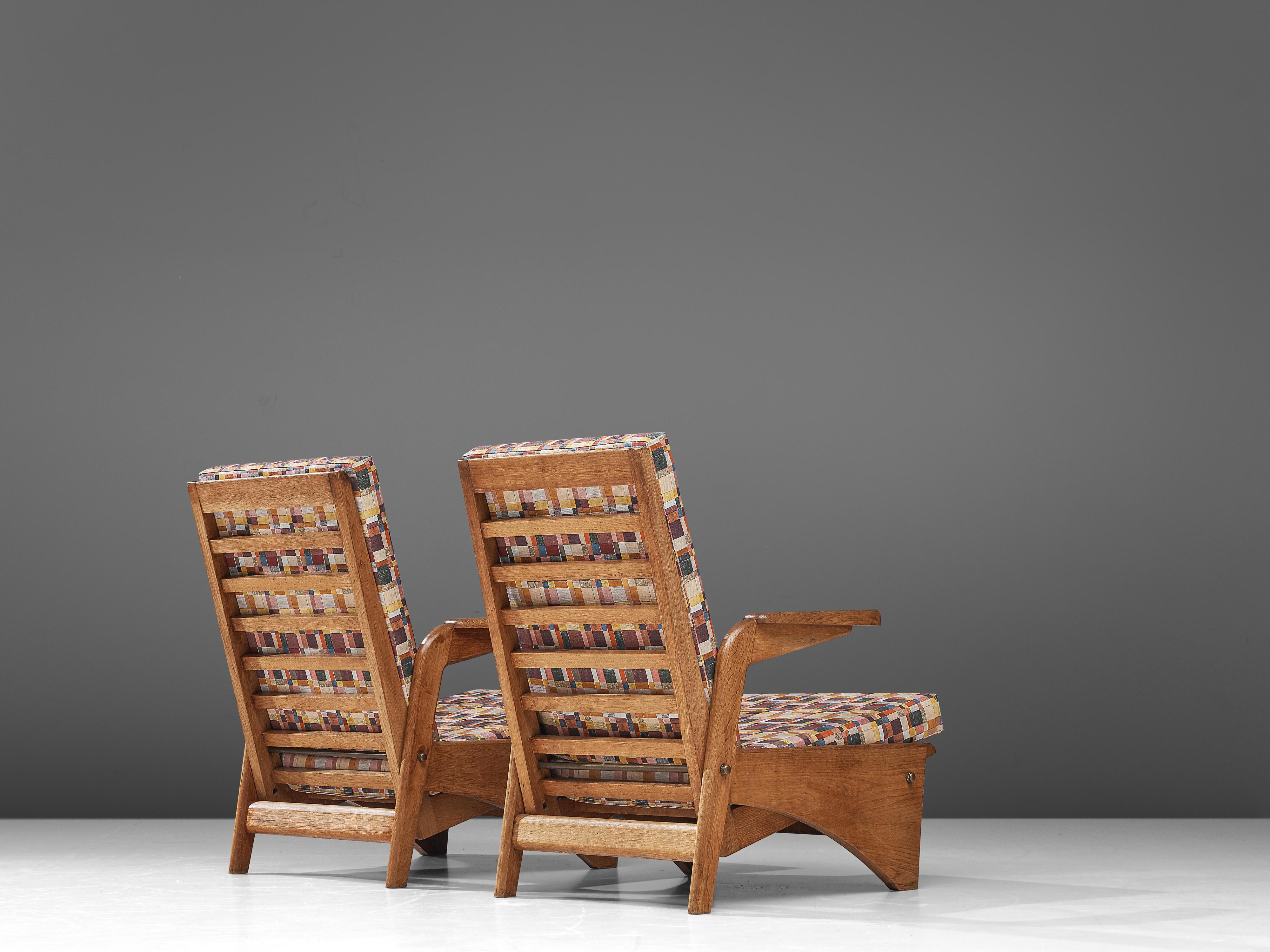 Gustave Gautier Pair of Lounge Chairs in Oak and Patterned Fabric 2