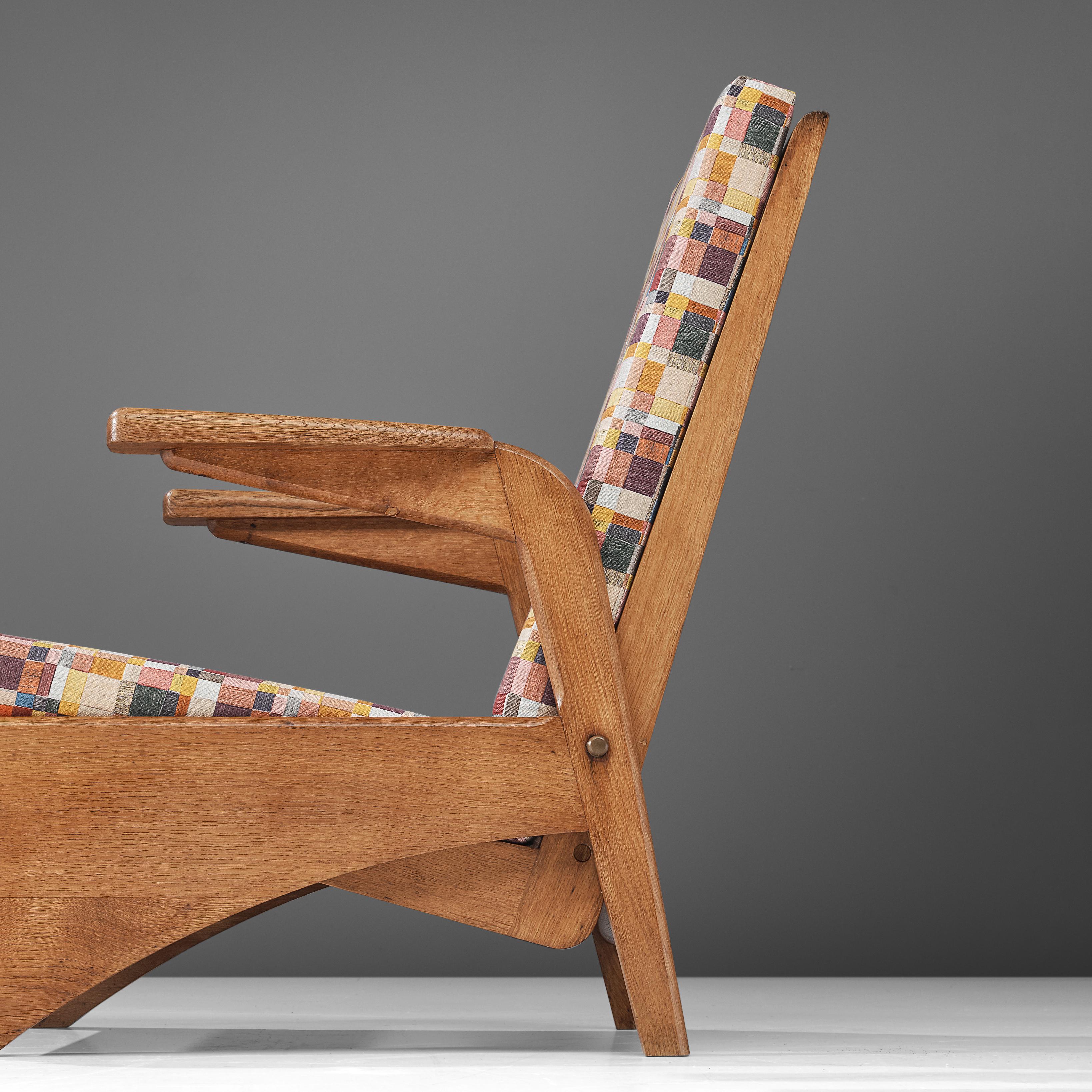 Gustave Gautier Pair of Lounge Chairs in Oak and Patterned Fabric 3