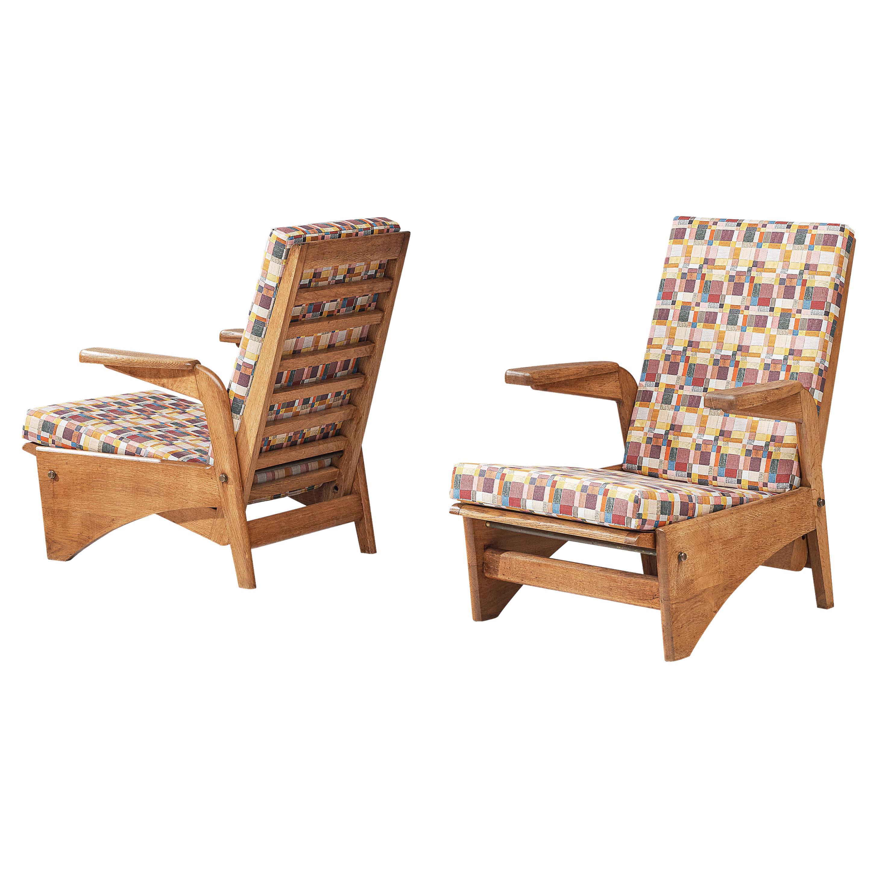 Gustave Gautier Pair of Lounge Chairs in Oak and Patterned Fabric