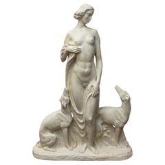 Gustave Gillot „Lady with Greyhound“ - Art-déco-Statue aus Gips. Unterschrieben.