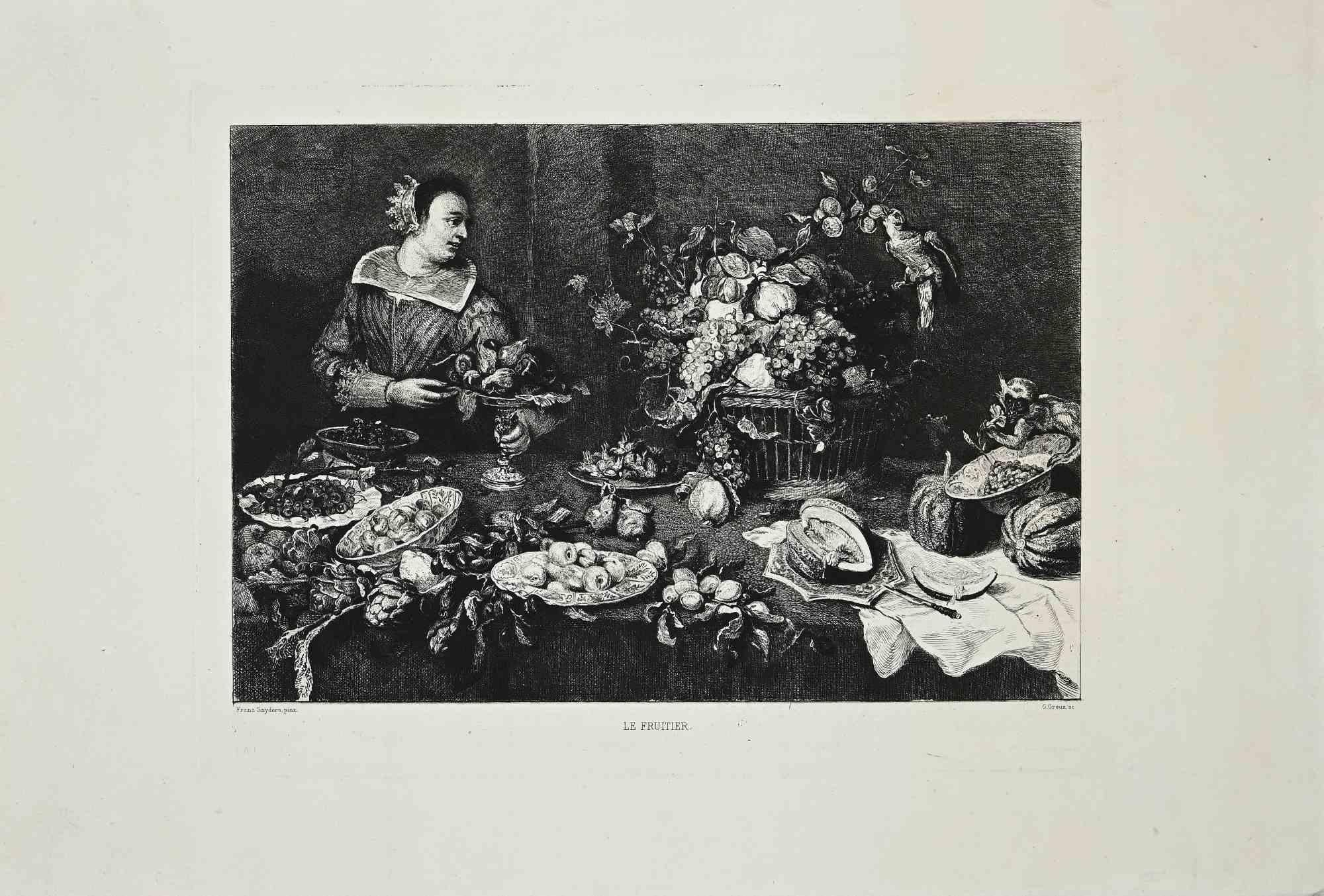 The Grocer is an original etching realized by Gustave Greux d'après Snyders in 1870.

Good condition, monogrammed on the lower right corner.

Mounted on a white cardboard passpartout (31x45 cm).

Gustave Greux (1838 - 1919) was a French peinter.
