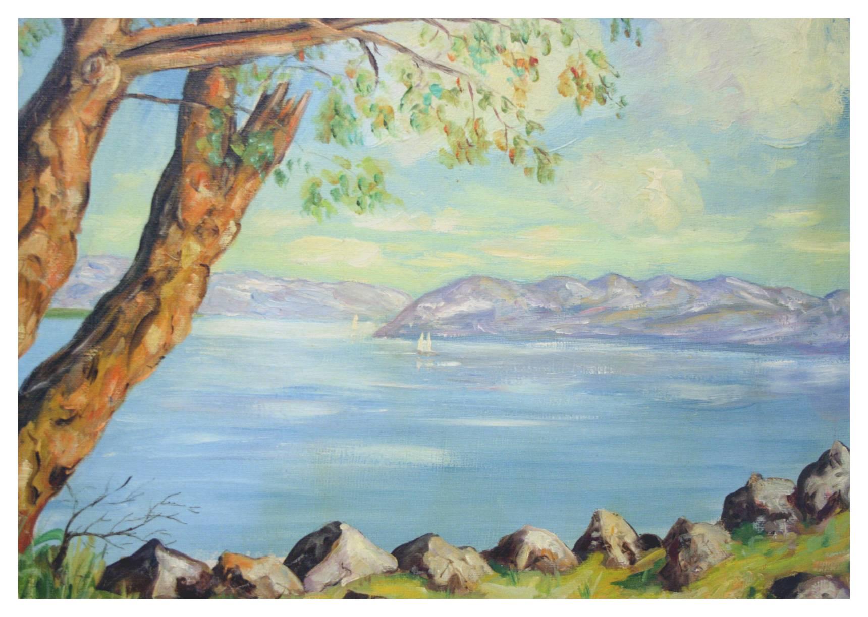 Mitte des Jahrhunderts See Lucerne, Schweiz Landschaft – Painting von Gustave Grossenbacher