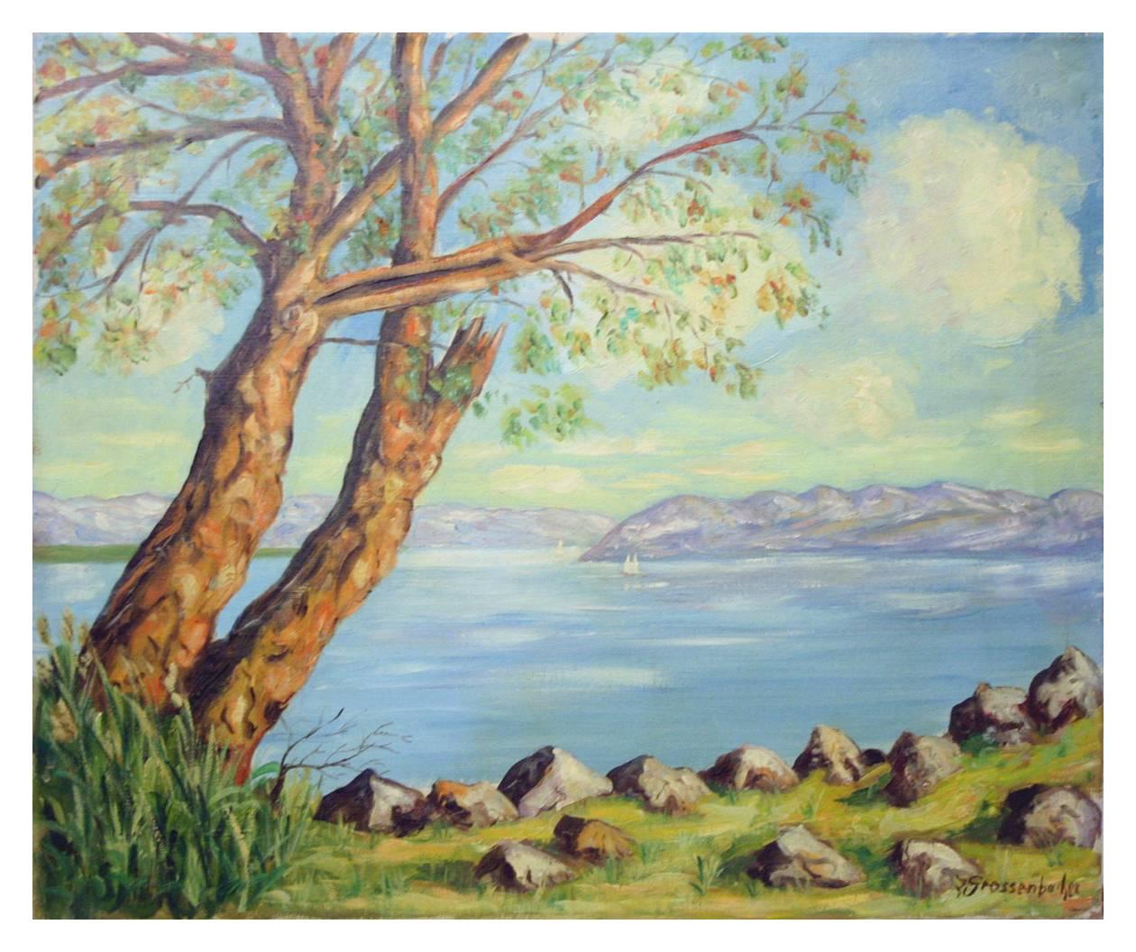Gustave Grossenbacher Landscape Painting - Mid Century Lake Lucerne, Switzerland Landscape