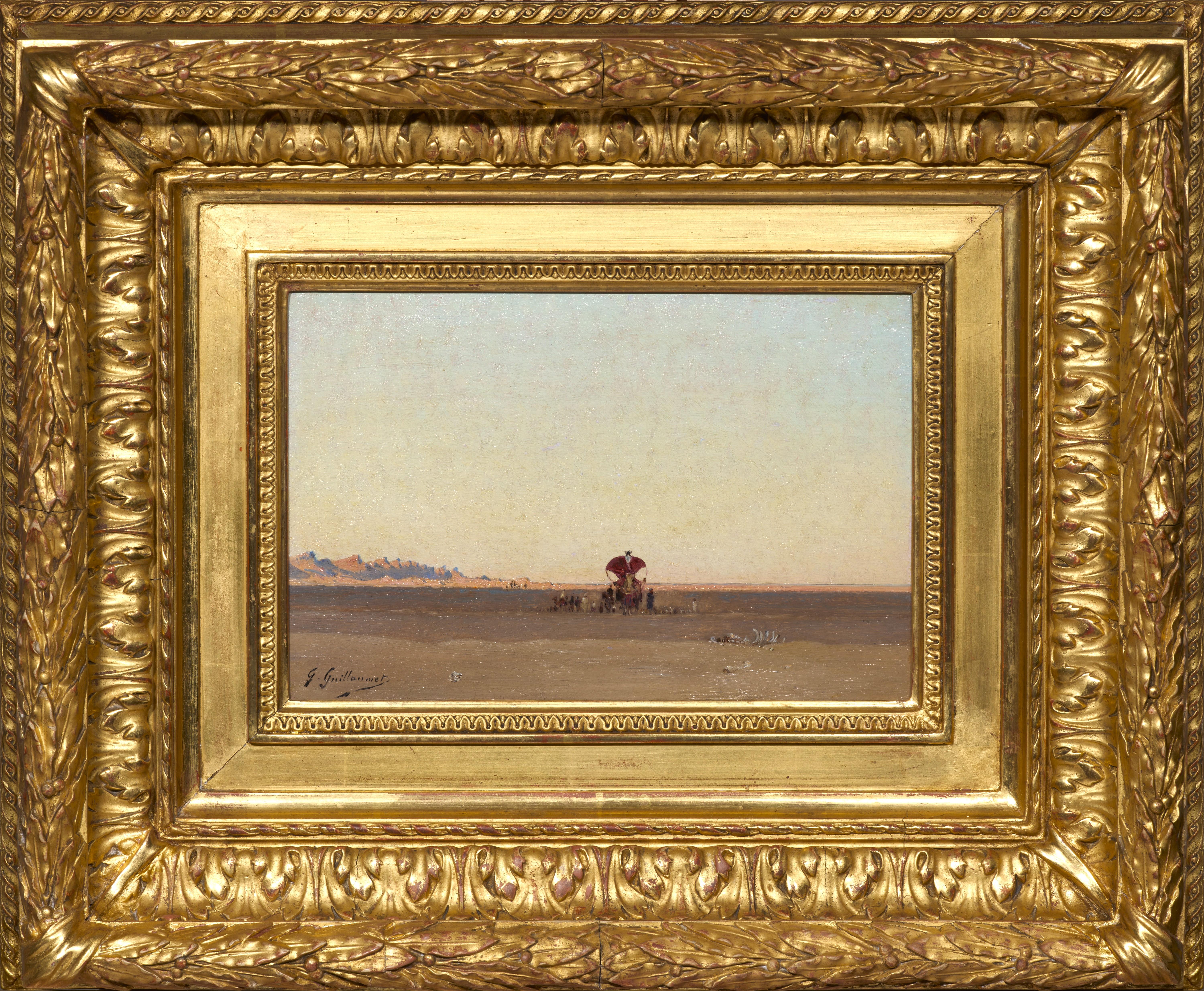 In this panel, painted during his stay in 1877 - 1878 in Laghouat, 400 kilometers south of Algiers, at the gateway to the Sahara Desert, Gustave Guillaumet tackles several of his favorite themes: the immensity of the desert, magnified by its