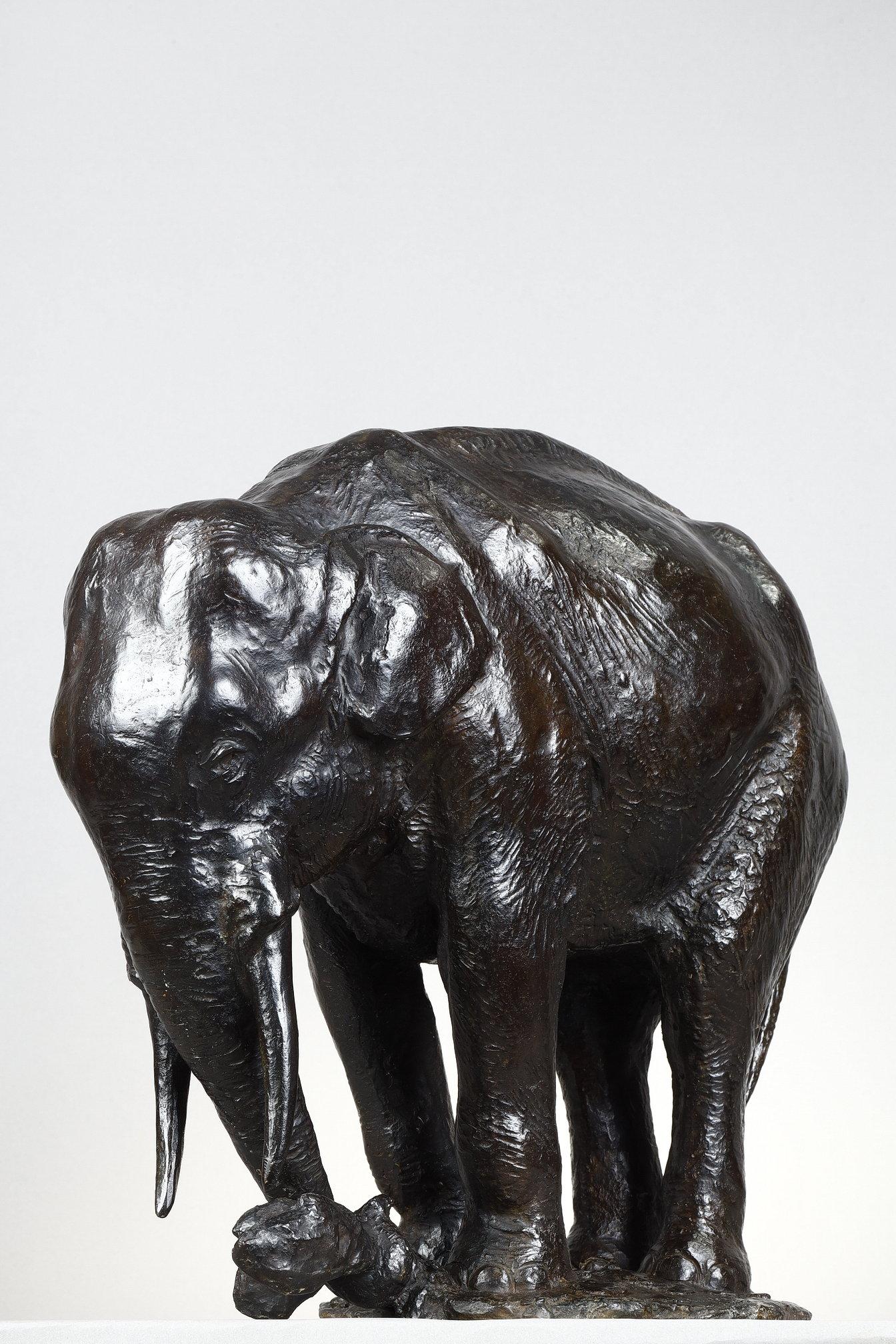 Elephant pulling out a tree trunk - Gold Figurative Sculpture by Gustave Hierholtz